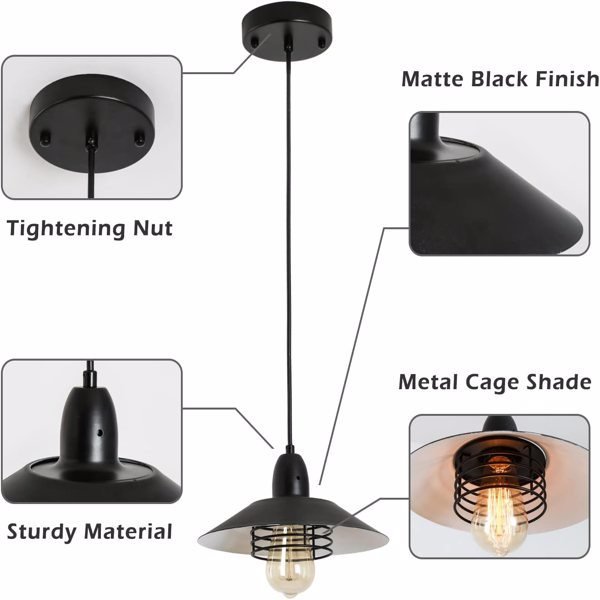 Farmhouse Vintage Pendant Light Black Fixture Pendant Lights with Spring Frame Adjustable Metal Hanging Lamp for Kitchen Island Dining Room Bedroom Living Room Barn Entryway, E26 - Divine Heart L.A.