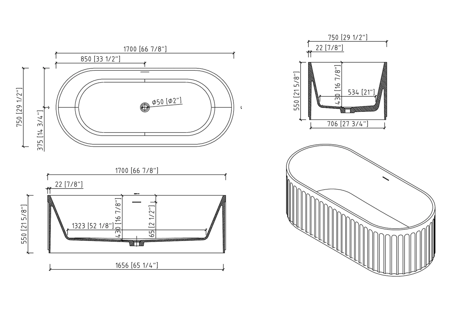 Solid Surface Freestanding Column Style Soaking Bathtub with Overflow and Drain, Matte White Finish, cUPC Certified - 67*29.5 23S13 - 67 - Divine Heart L.A.