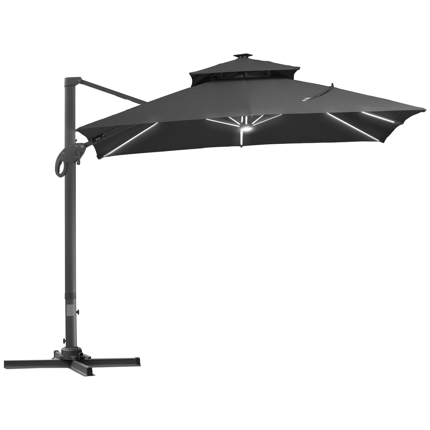 10FT Cantilever Patio Umbrella with Solar LED Lights, Double Top Square Outdoor Offset Umbrella with 360° Rotation, 4-Position Tilt, Crank & Cross Base for Garden, Deck, Pool, Dark Gray - Divine Heart L.A.