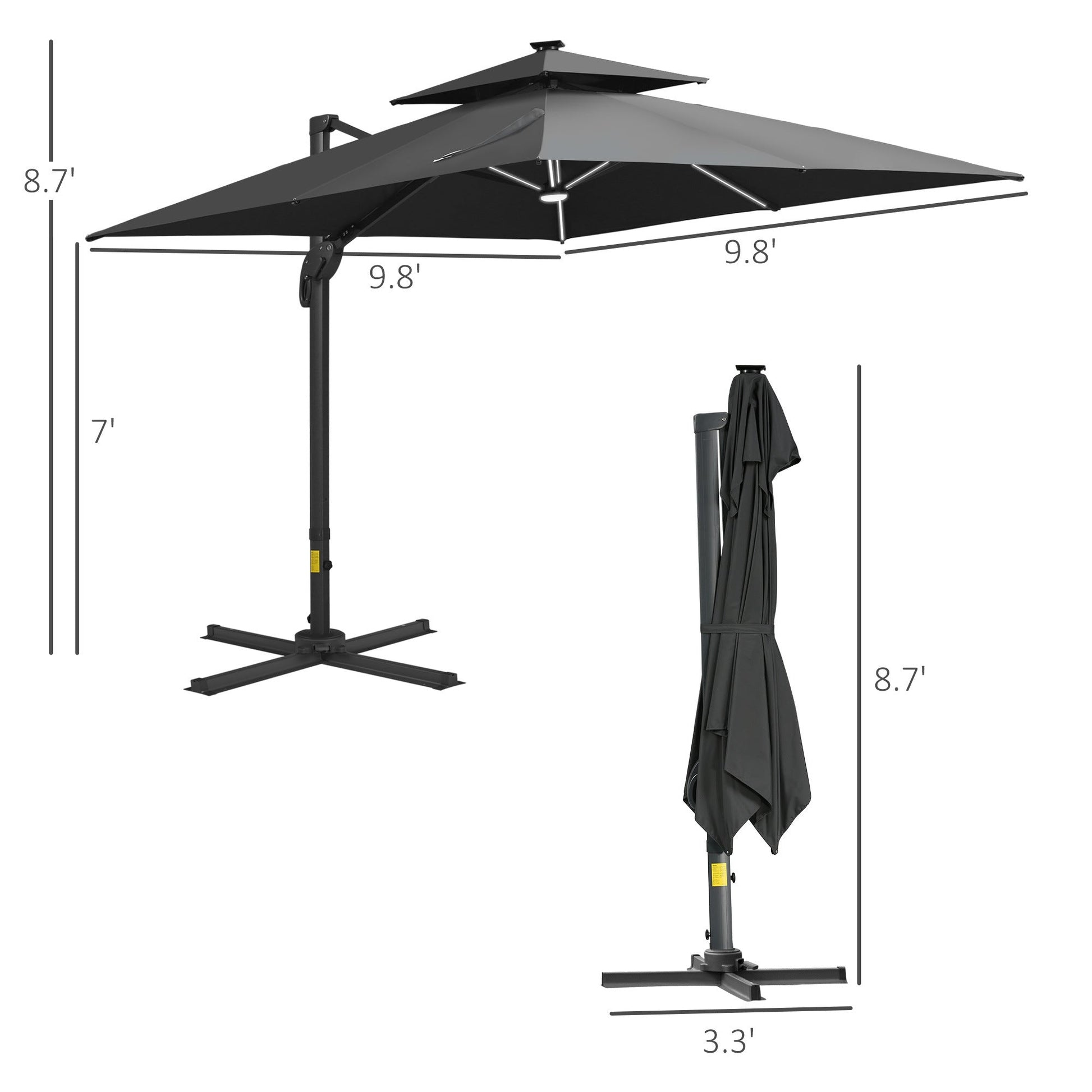 10FT Cantilever Patio Umbrella with Solar LED Lights, Double Top Square Outdoor Offset Umbrella with 360° Rotation, 4-Position Tilt, Crank & Cross Base for Garden, Deck, Pool, Dark Gray - Divine Heart L.A.