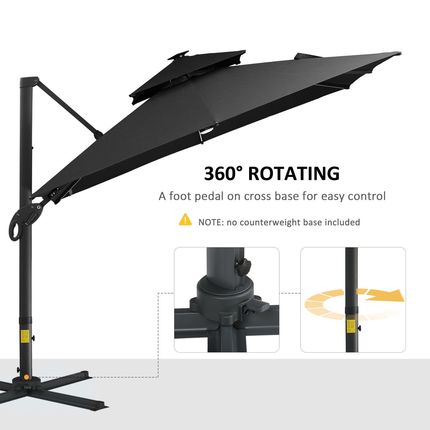 10FT Cantilever Patio Umbrella with Solar LED Lights, Double Top Square Outdoor Offset Umbrella with 360° Rotation, 4-Position Tilt, Crank & Cross Base for Garden, Deck, Pool, Dark Gray - Divine Heart L.A.