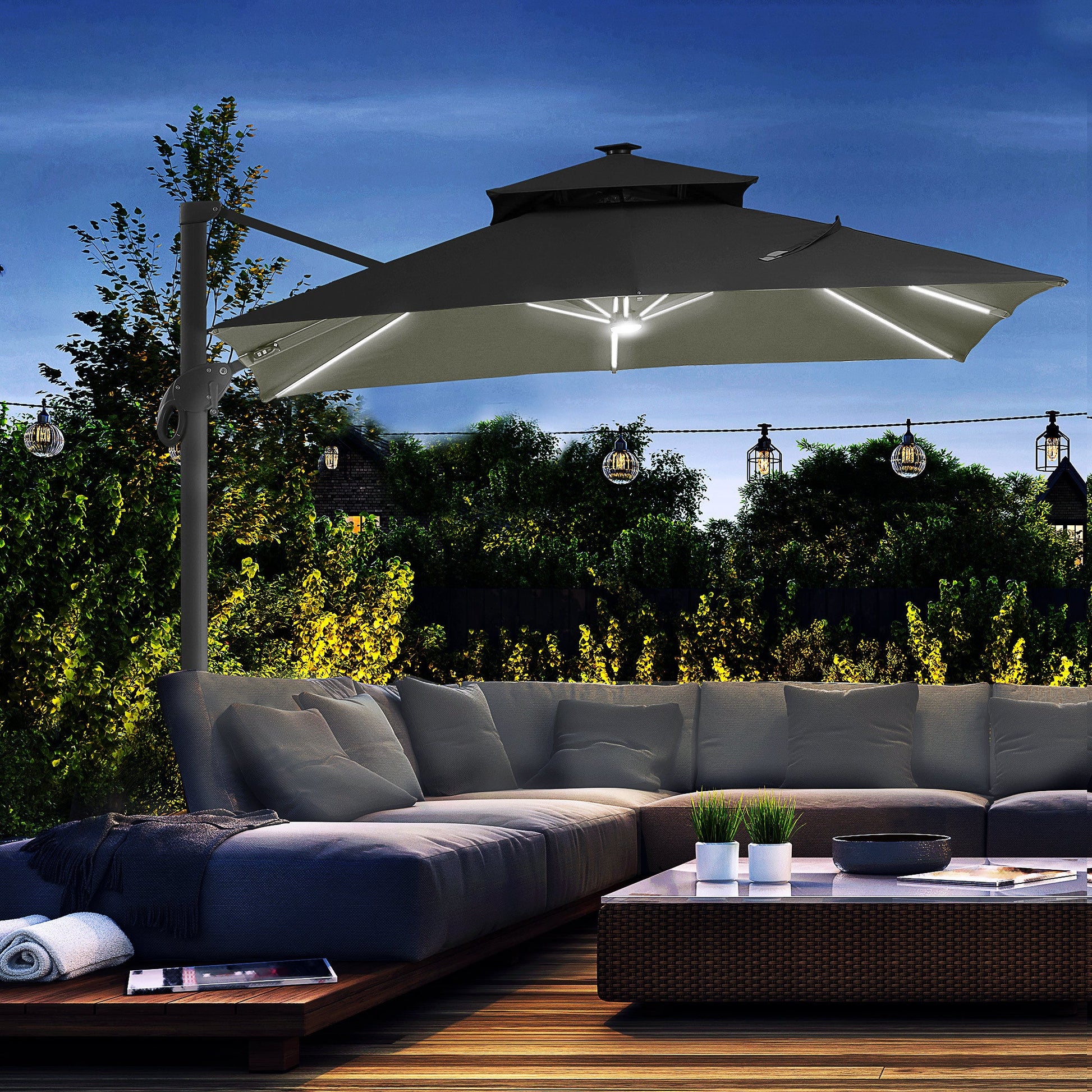 10FT Cantilever Patio Umbrella with Solar LED Lights, Double Top Square Outdoor Offset Umbrella with 360° Rotation, 4-Position Tilt, Crank & Cross Base for Garden, Deck, Pool, Dark Gray - Divine Heart L.A.