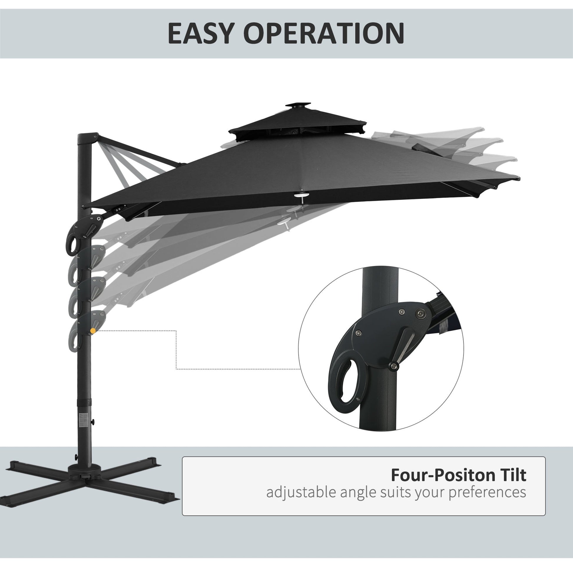 10FT Cantilever Patio Umbrella with Solar LED Lights, Double Top Square Outdoor Offset Umbrella with 360° Rotation, 4-Position Tilt, Crank & Cross Base for Garden, Deck, Pool, Dark Gray - Divine Heart L.A.