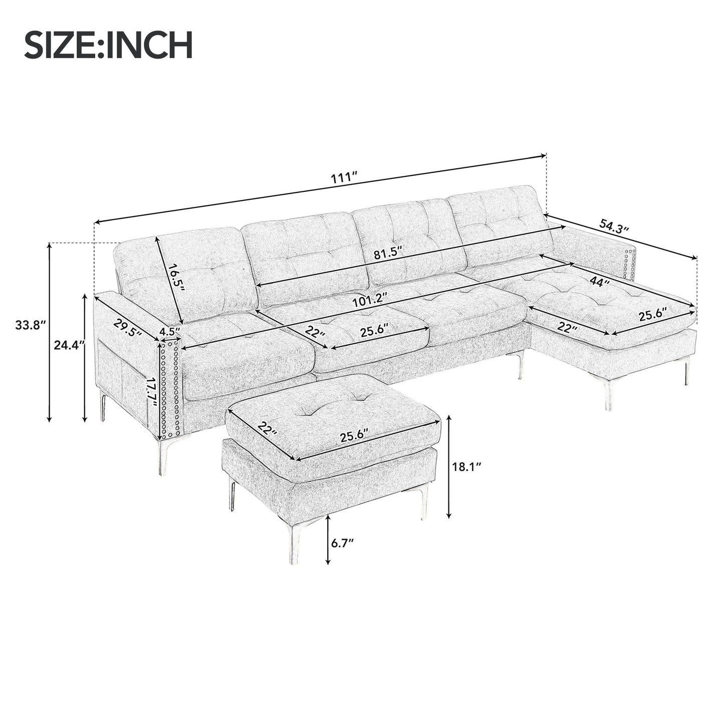 110" L-Shape Convertible Sectional Sofa Couch with Movable Ottoman for Living Room, Apartment, Office, Yellow - Divine Heart L.A.