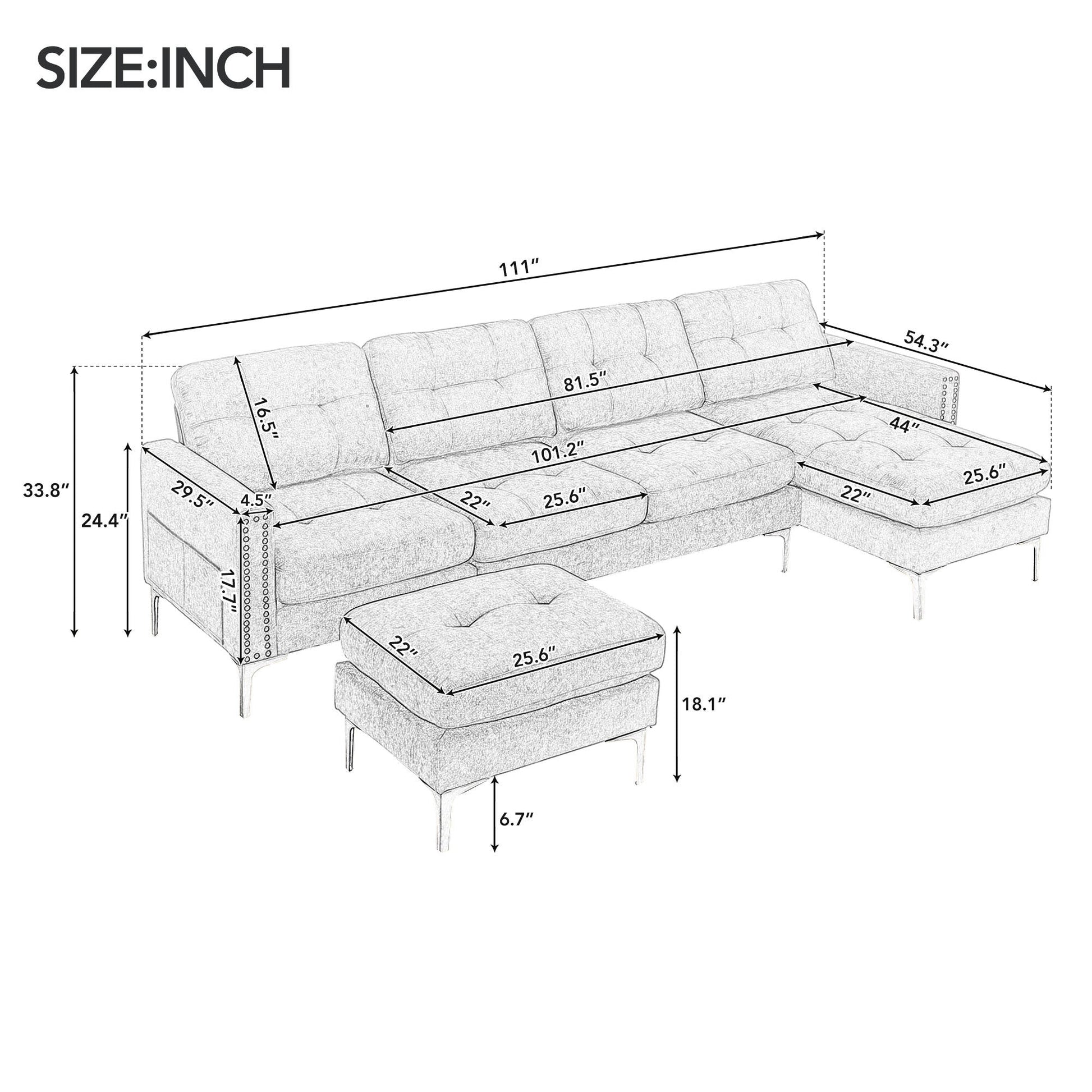 110" L-Shape Convertible Sectional Sofa Couch with Movable Ottoman for Living Room, Apartment, Office, Yellow - Divine Heart L.A.