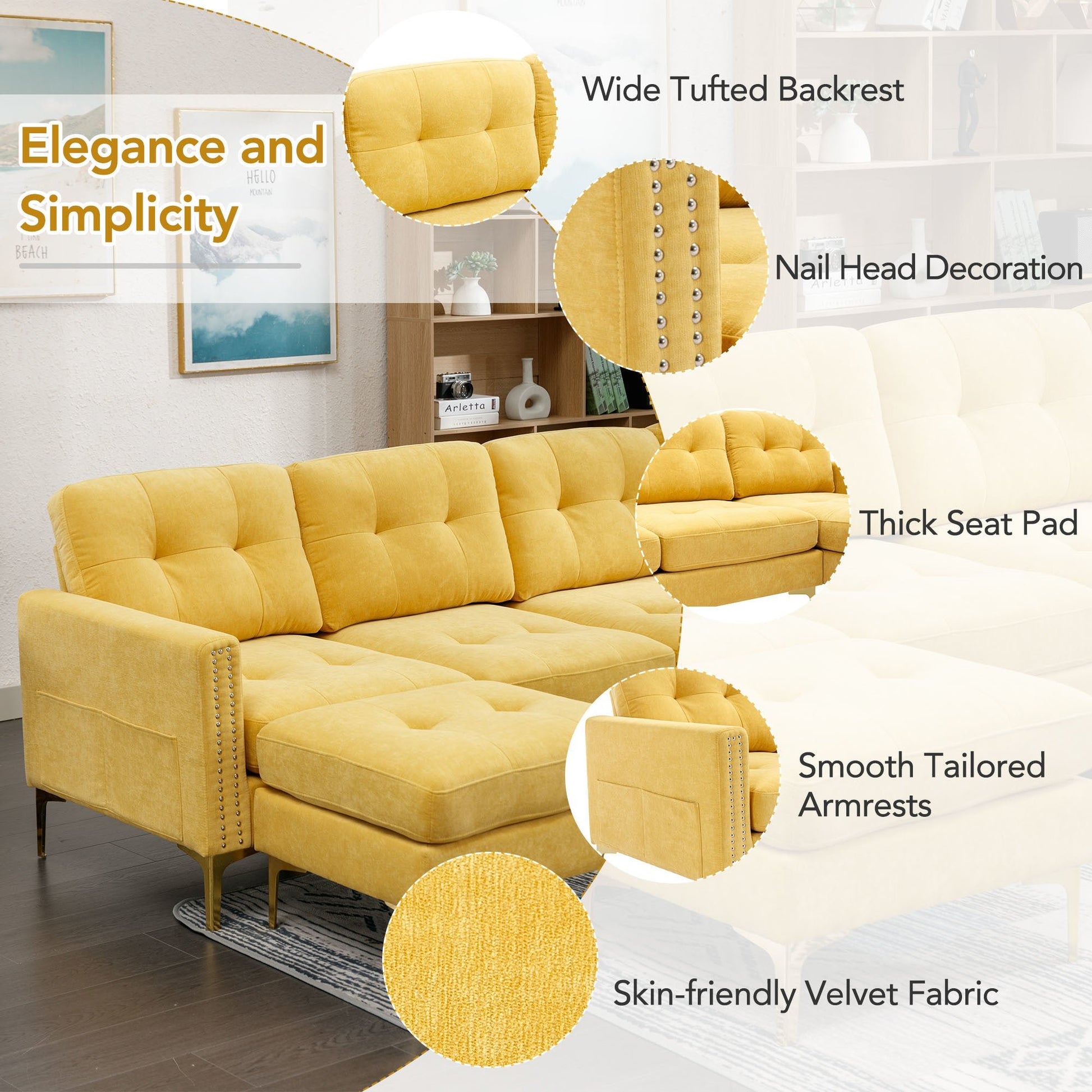 110" L-Shape Convertible Sectional Sofa Couch with Movable Ottoman for Living Room, Apartment, Office, Yellow - Divine Heart L.A.