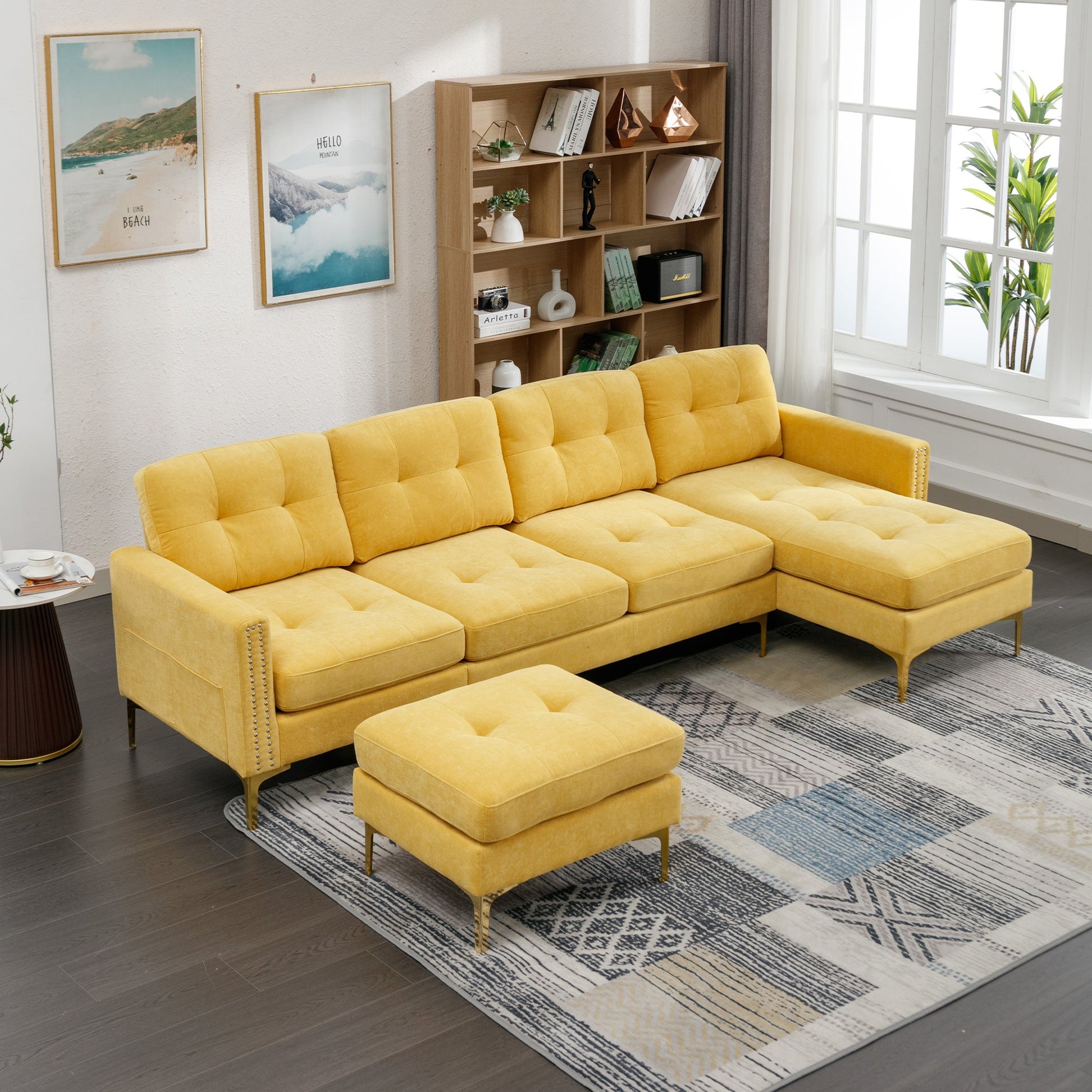 110" L-Shape Convertible Sectional Sofa Couch with Movable Ottoman for Living Room, Apartment, Office, Yellow - Divine Heart L.A.