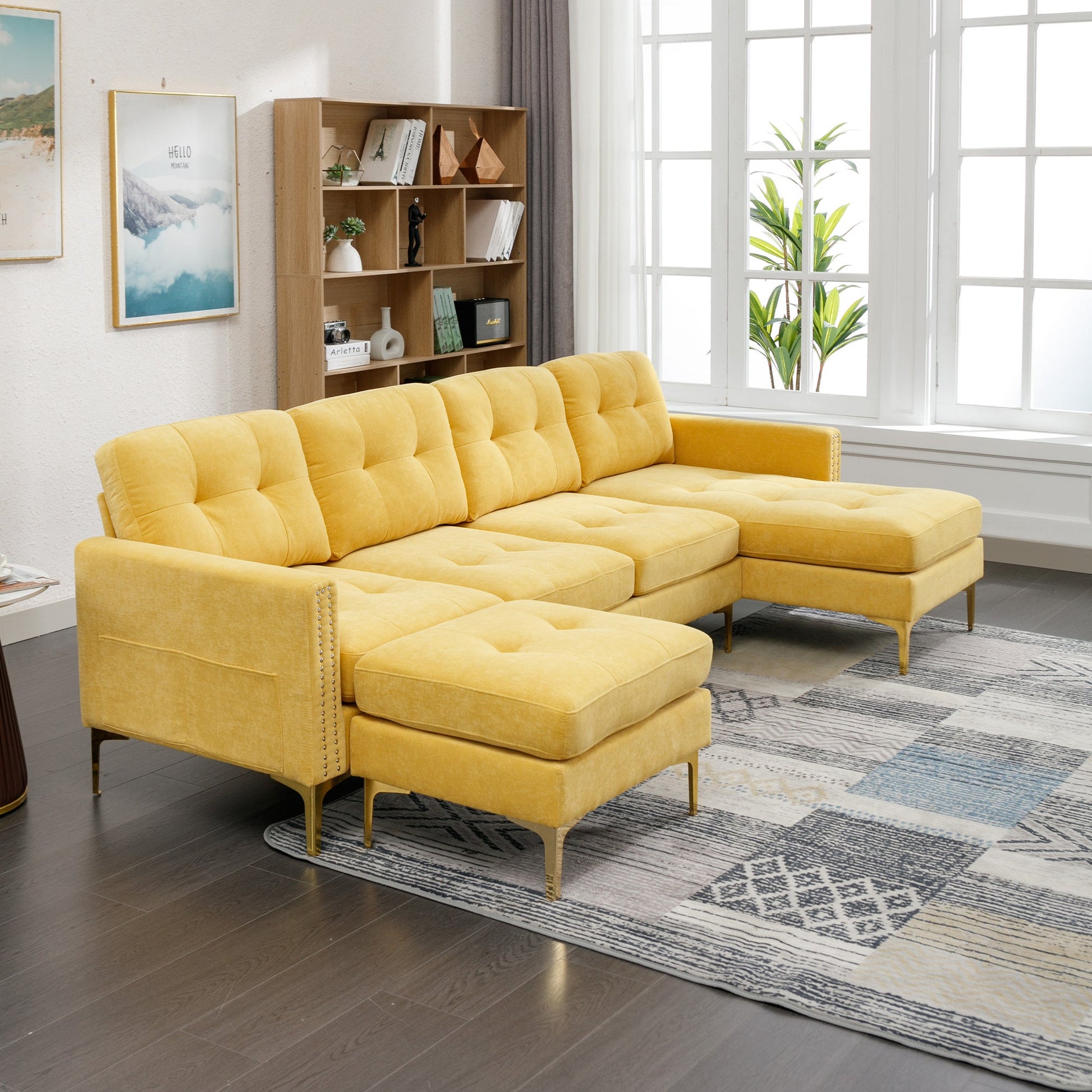 110" L-Shape Convertible Sectional Sofa Couch with Movable Ottoman for Living Room, Apartment, Office, Yellow - Divine Heart L.A.