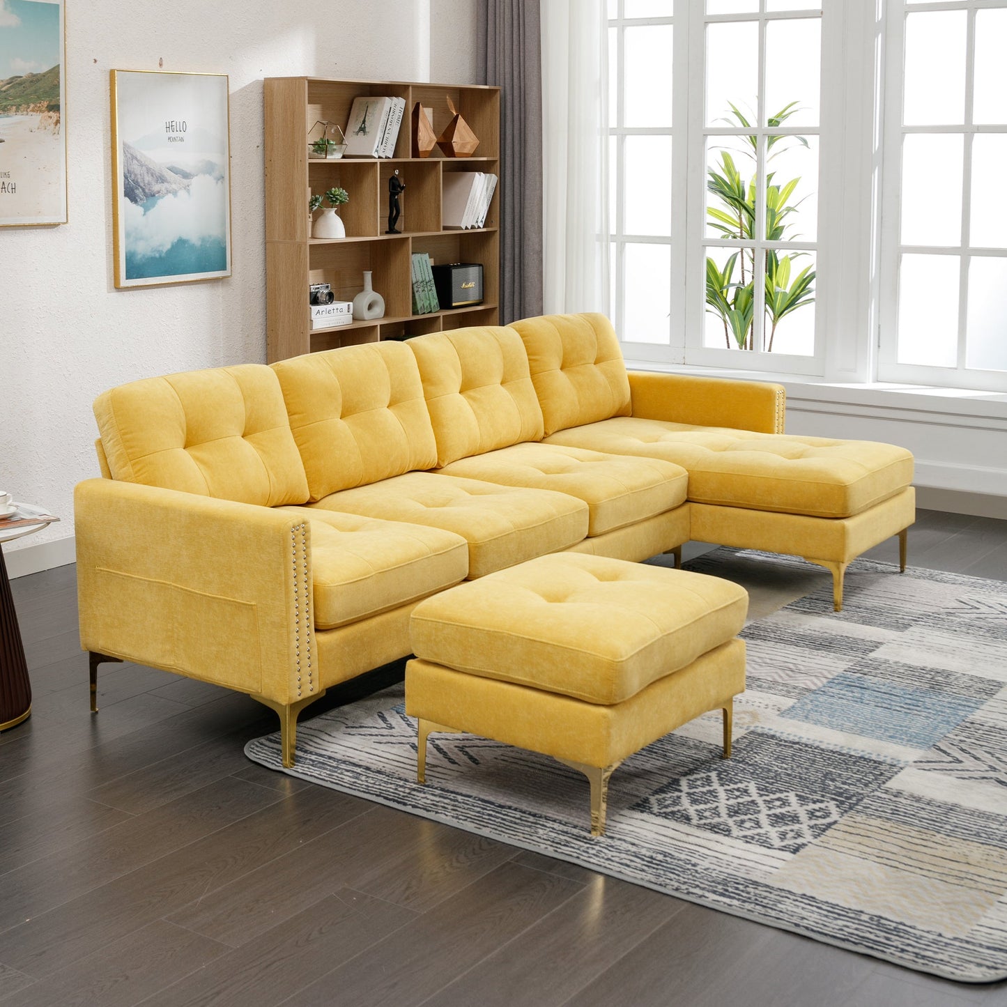 110" L-Shape Convertible Sectional Sofa Couch with Movable Ottoman for Living Room, Apartment, Office, Yellow - Divine Heart L.A.