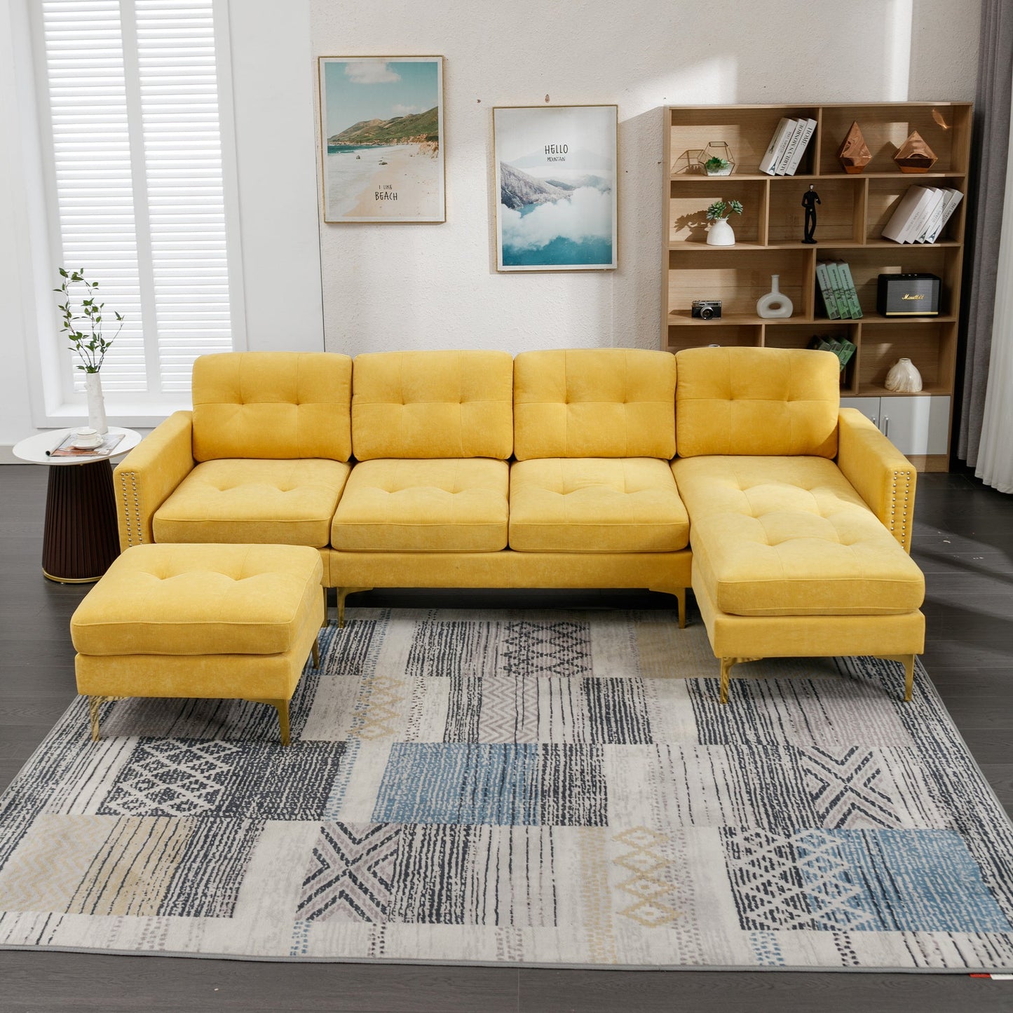 110" L-Shape Convertible Sectional Sofa Couch with Movable Ottoman for Living Room, Apartment, Office, Yellow - Divine Heart L.A.