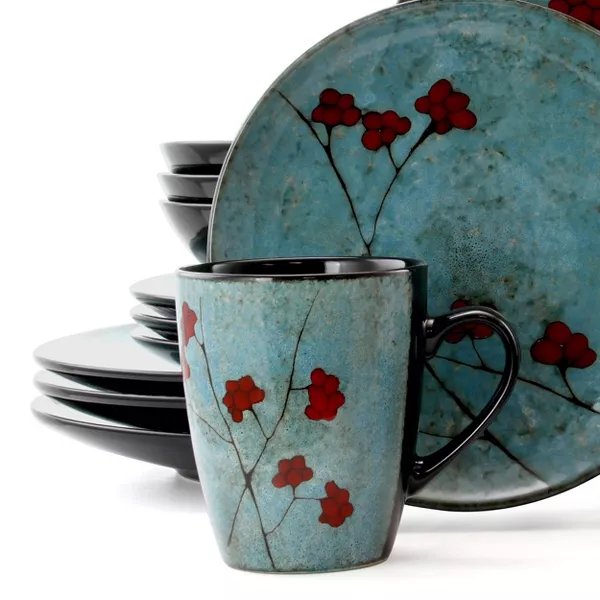 16pc Stoneware Sky Bloom Dinnerware Set Red/Blue - Divine Heart L.A.