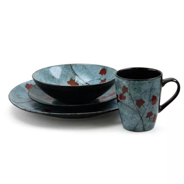 16pc Stoneware Sky Bloom Dinnerware Set Red/Blue - Divine Heart L.A.