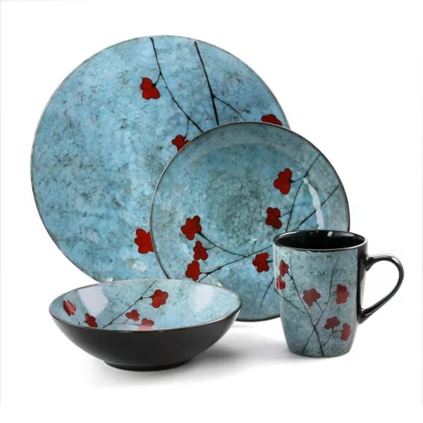 16pc Stoneware Sky Bloom Dinnerware Set Red/Blue - Divine Heart L.A.