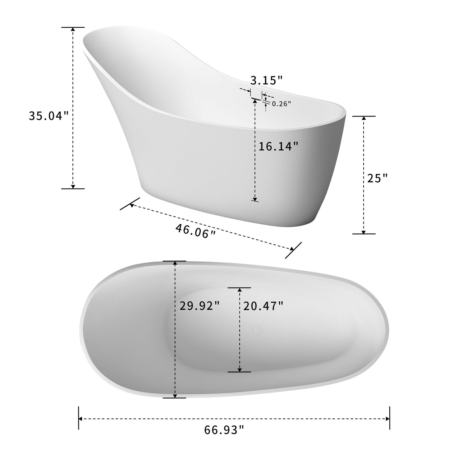 1700mm Solid Surface Bathtub Matte White Color - Divine Heart L.A.