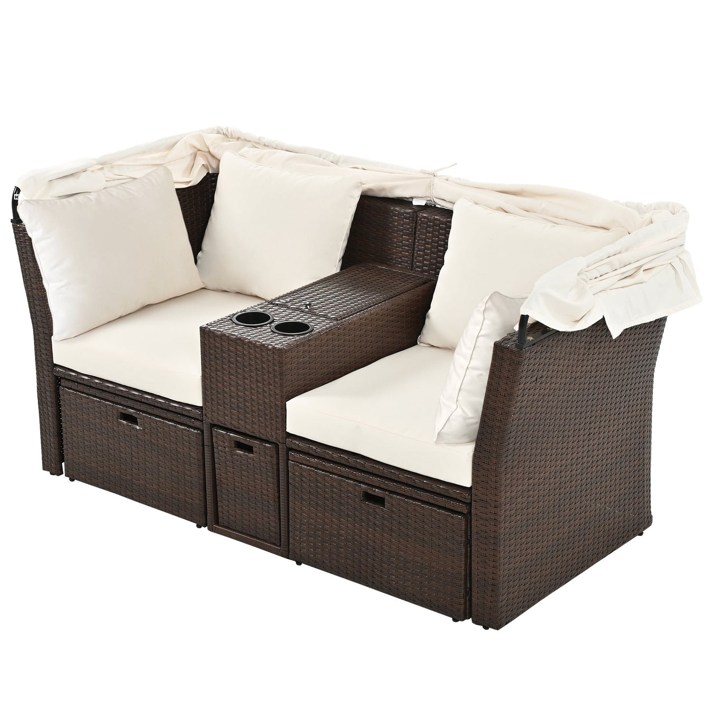 2-Seater Outdoor Patio Daybed Outdoor Double Daybed Outdoor Loveseat Sofa Set with Foldable Awning - Divine Heart L.A.