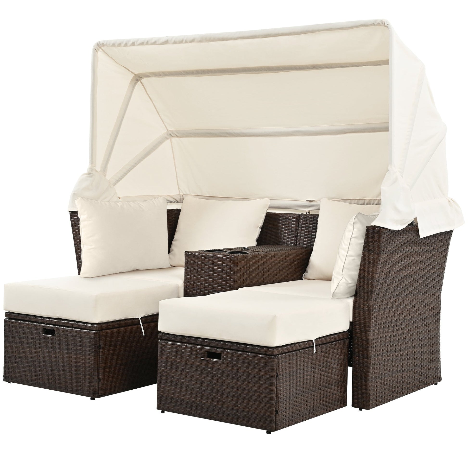 2-Seater Outdoor Patio Daybed Outdoor Double Daybed Outdoor Loveseat Sofa Set with Foldable Awning - Divine Heart L.A.