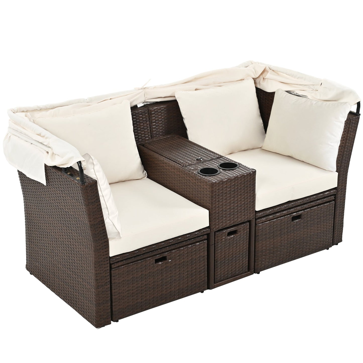 2-Seater Outdoor Patio Daybed Outdoor Double Daybed Outdoor Loveseat Sofa Set with Foldable Awning - Divine Heart L.A.