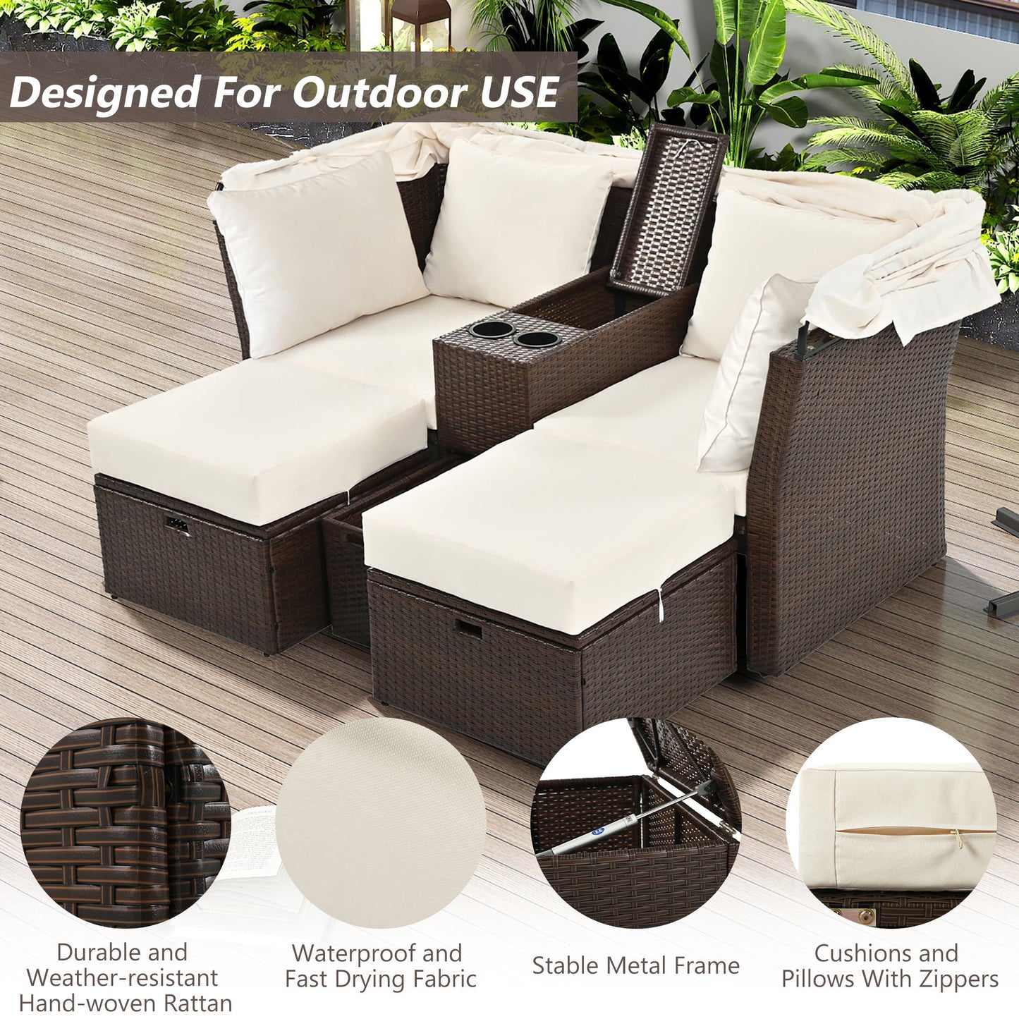 2-Seater Outdoor Patio Daybed Outdoor Double Daybed Outdoor Loveseat Sofa Set with Foldable Awning - Divine Heart L.A.