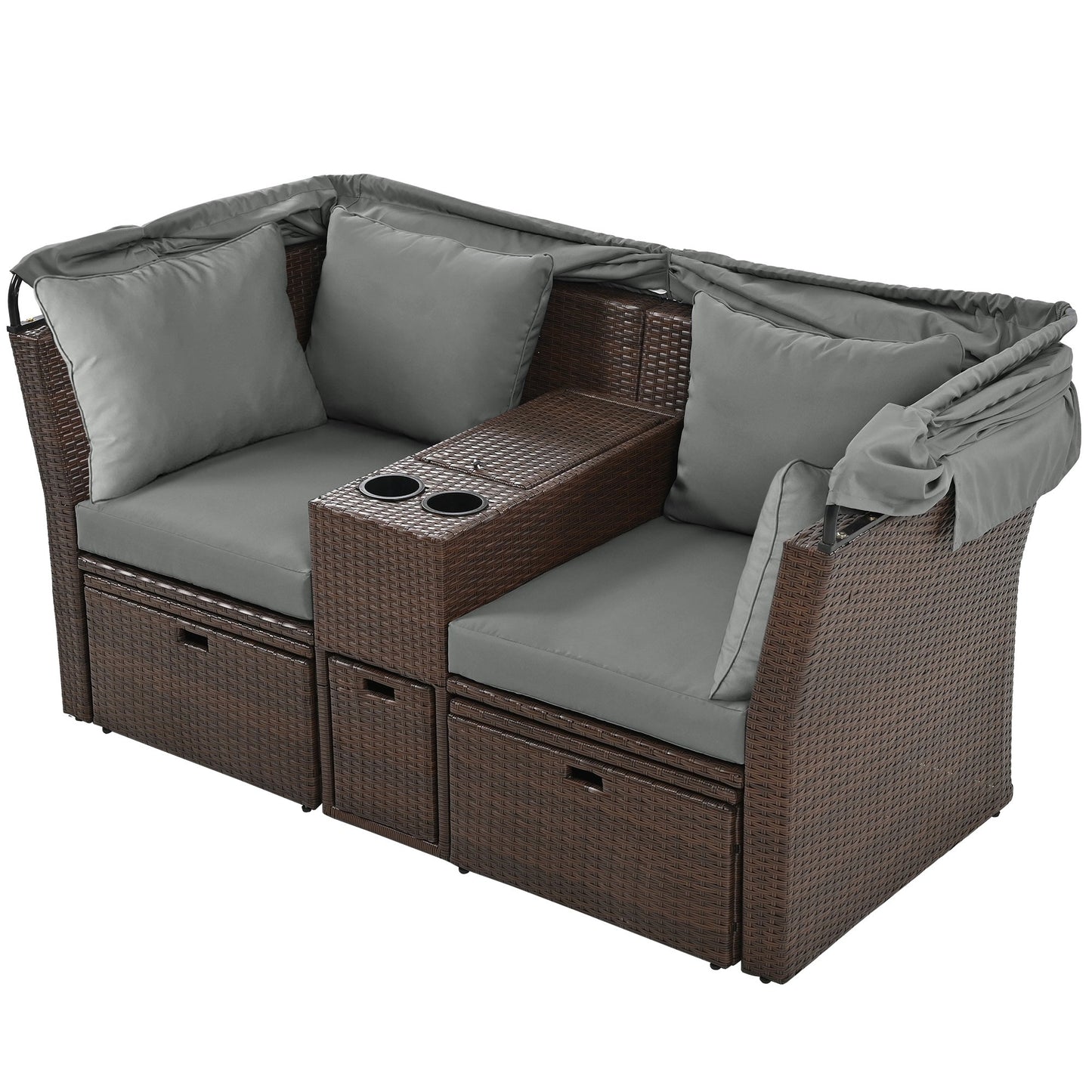 2-Seater Outdoor Patio Daybed Outdoor Double Daybed Outdoor Loveseat Sofa Set with Foldable Awning - Divine Heart L.A.