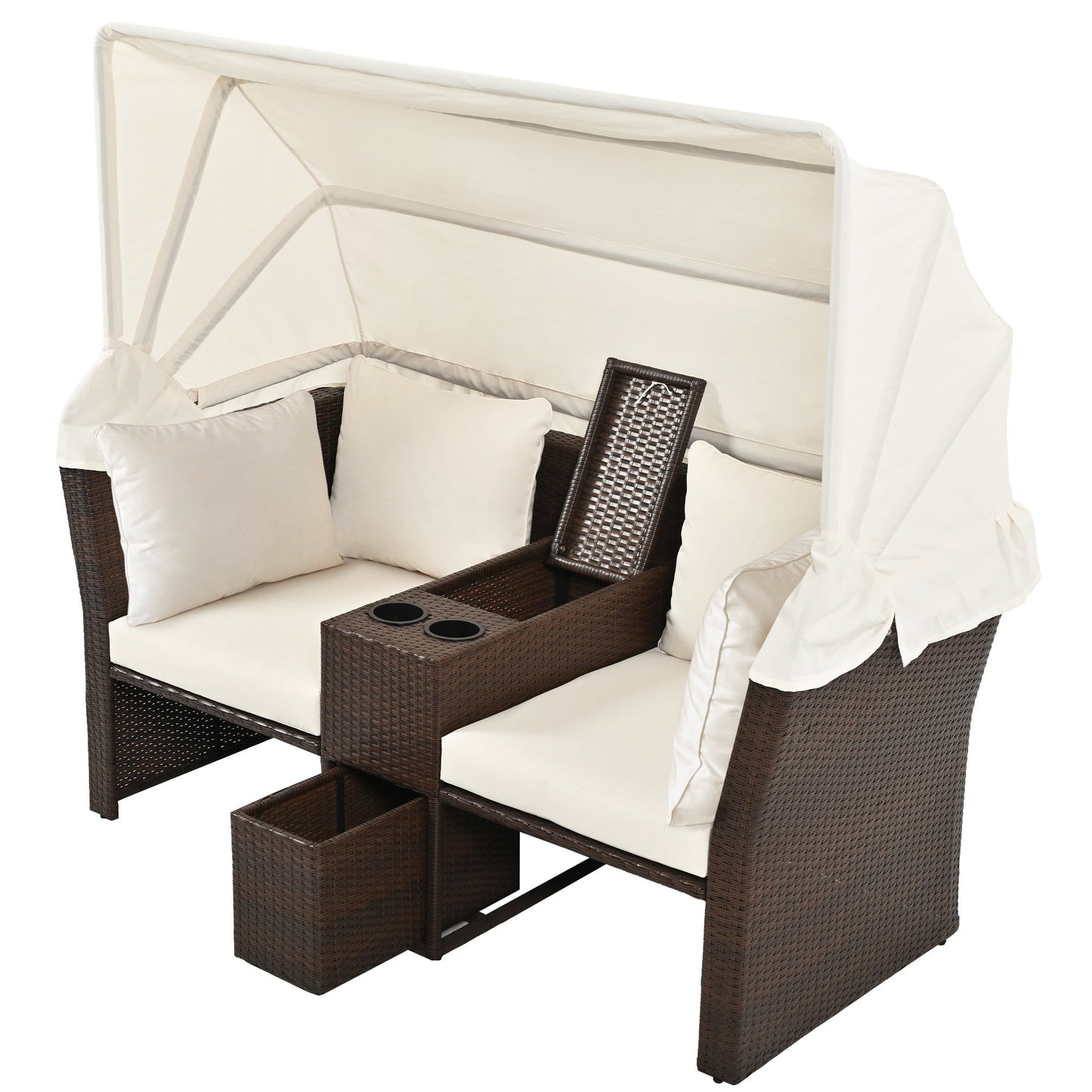 2-Seater Outdoor Patio Daybed Outdoor Double Daybed Outdoor Loveseat Sofa Set with Foldable Awning - Divine Heart L.A.