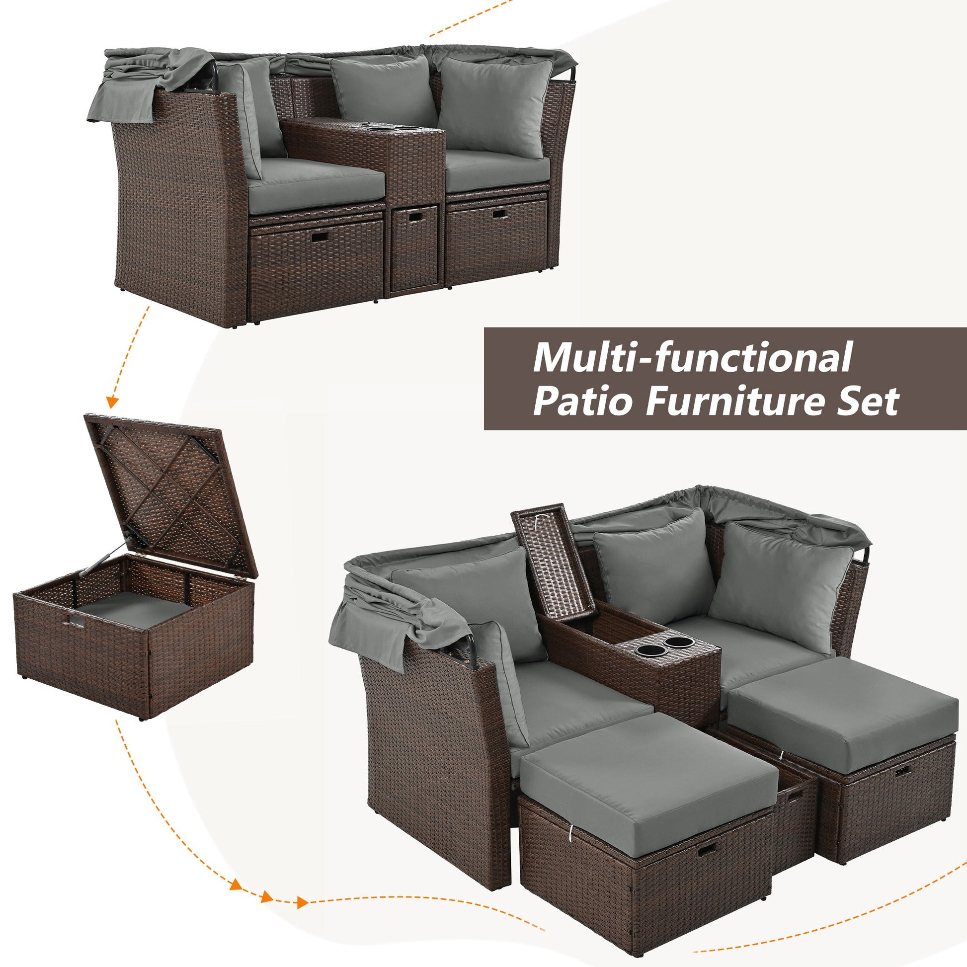 2-Seater Outdoor Patio Daybed Outdoor Double Daybed Outdoor Loveseat Sofa Set with Foldable Awning - Divine Heart L.A.