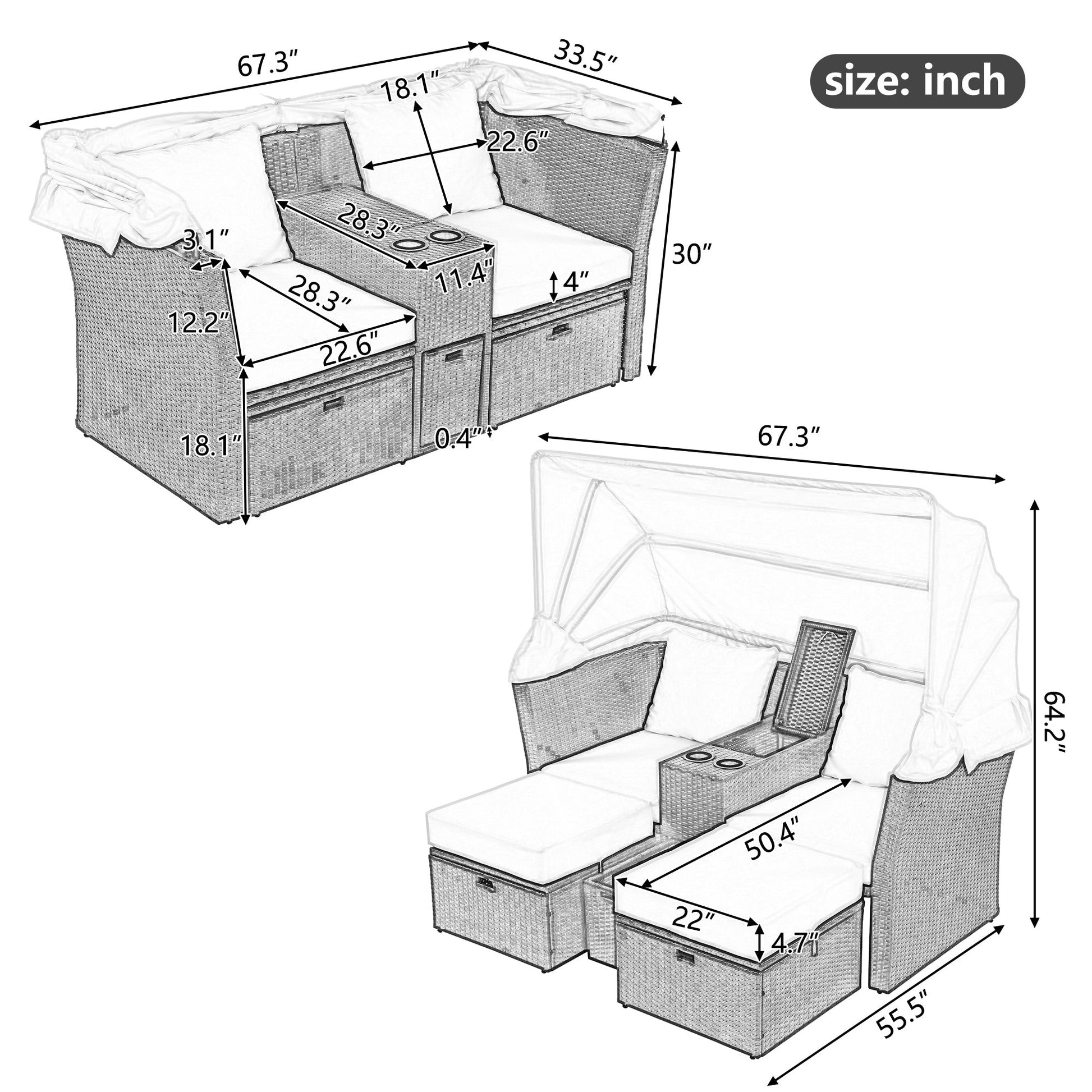 2-Seater Outdoor Patio Daybed Outdoor Double Daybed Outdoor Loveseat Sofa Set with Foldable Awning - Divine Heart L.A.