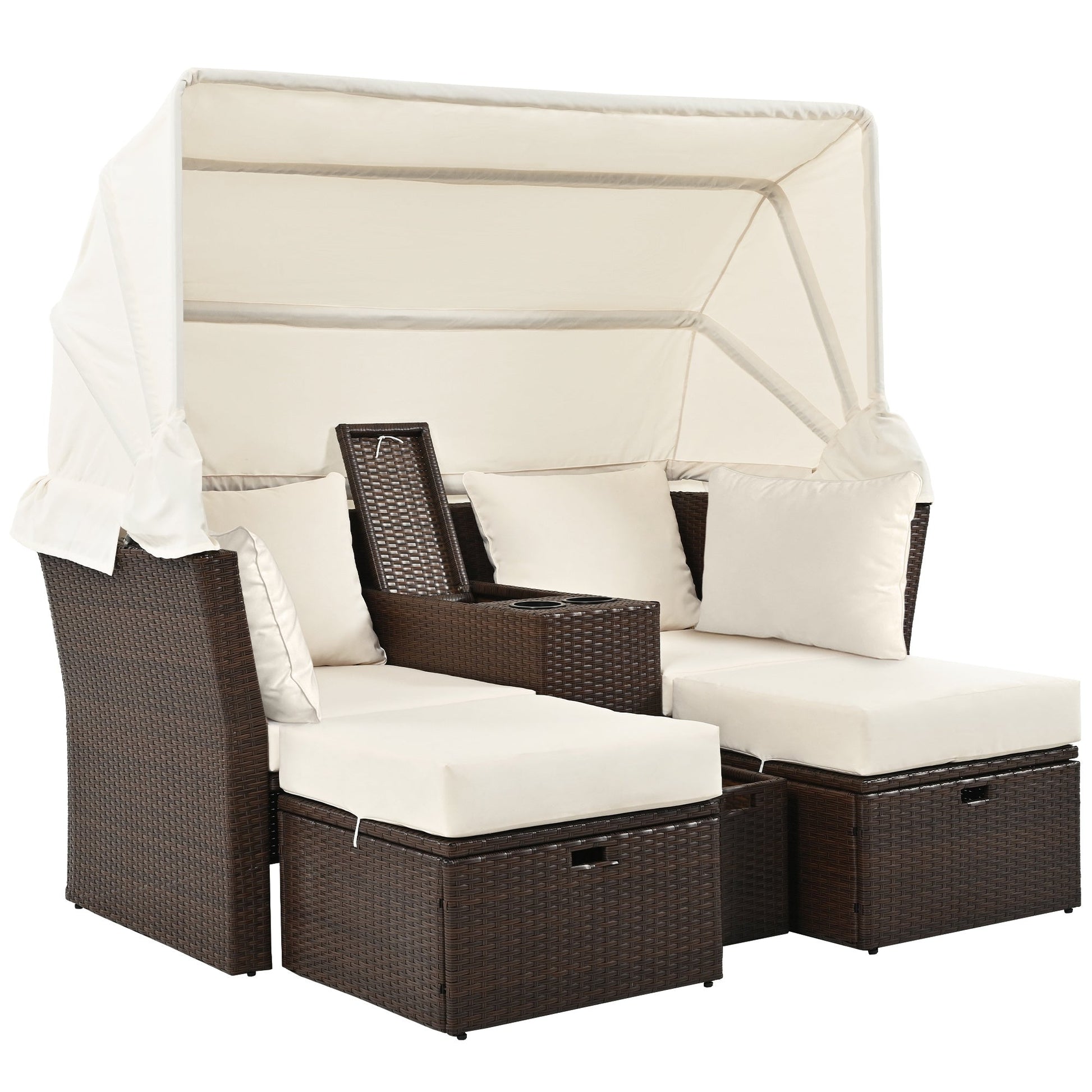 2-Seater Outdoor Patio Daybed Outdoor Double Daybed Outdoor Loveseat Sofa Set with Foldable Awning - Divine Heart L.A.