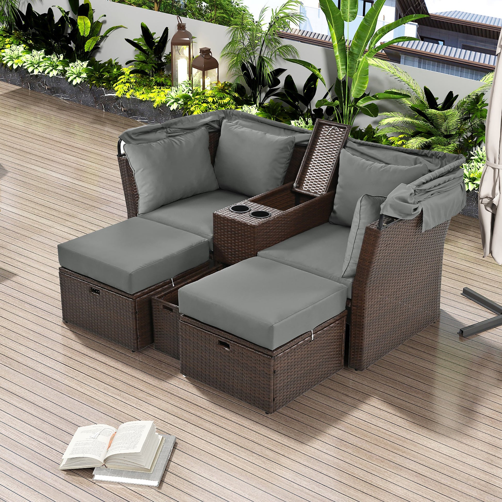 2-Seater Outdoor Patio Daybed Outdoor Double Daybed Outdoor Loveseat Sofa Set with Foldable Awning - Divine Heart L.A.