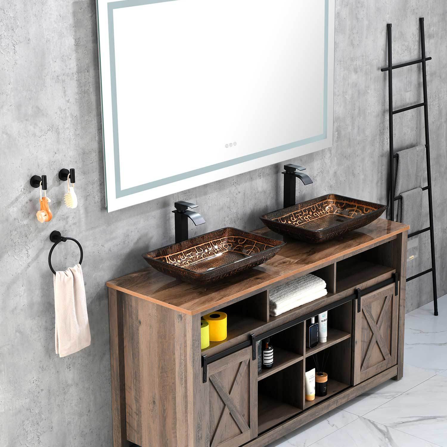 22.25" L - 14.5" W - 4 4 - 3/8 in. H Golden Handmade Glass Rectangle Vessel Bathroom Sink in Brown and with Faucet and Pop - Up Drain in Matte Black - Divine Heart L.A.