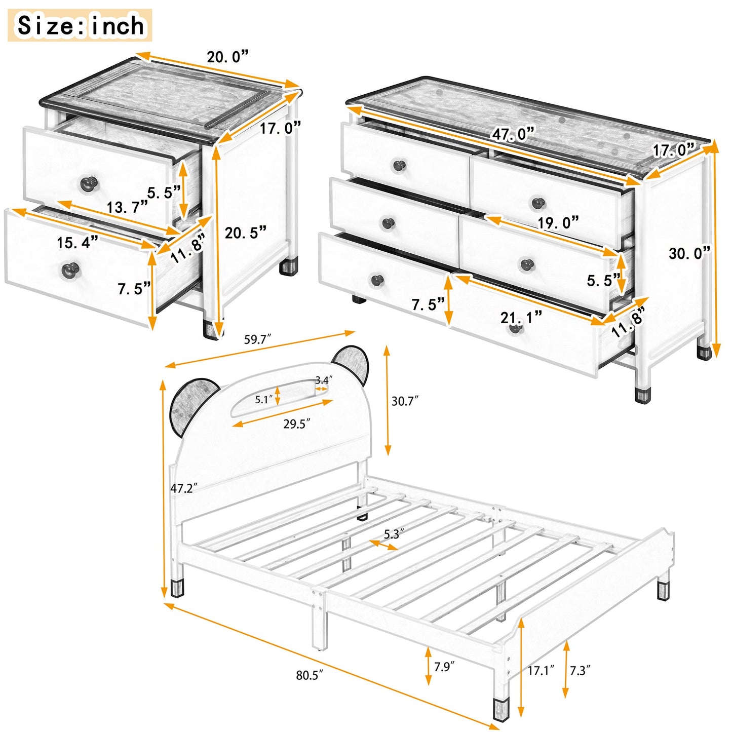 3 Pc Bear-Shaped Full Platform Bed with Nightstand and Storage - Divine Heart L.A.