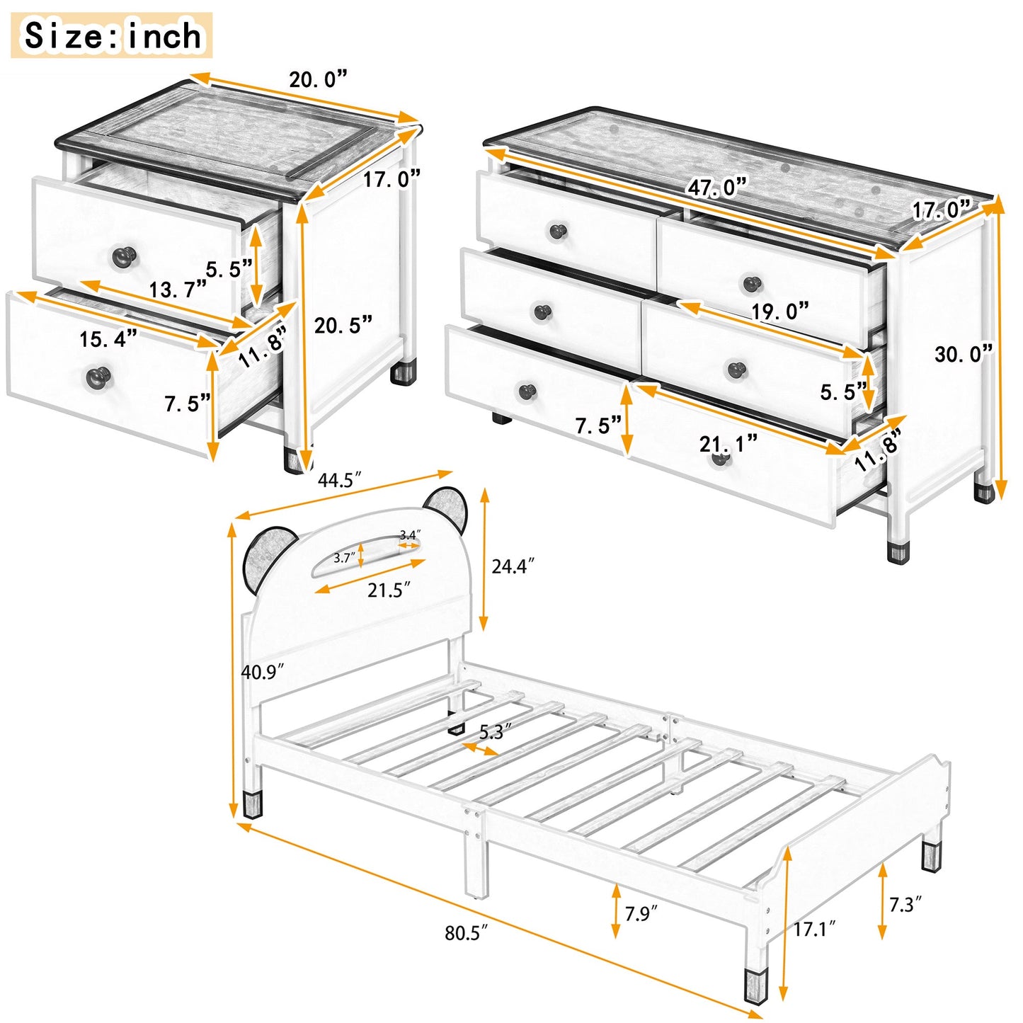 3 Pc. Bear-Shaped Twin Platform Bed with Nightstand and Dresser - Divine Heart L.A.