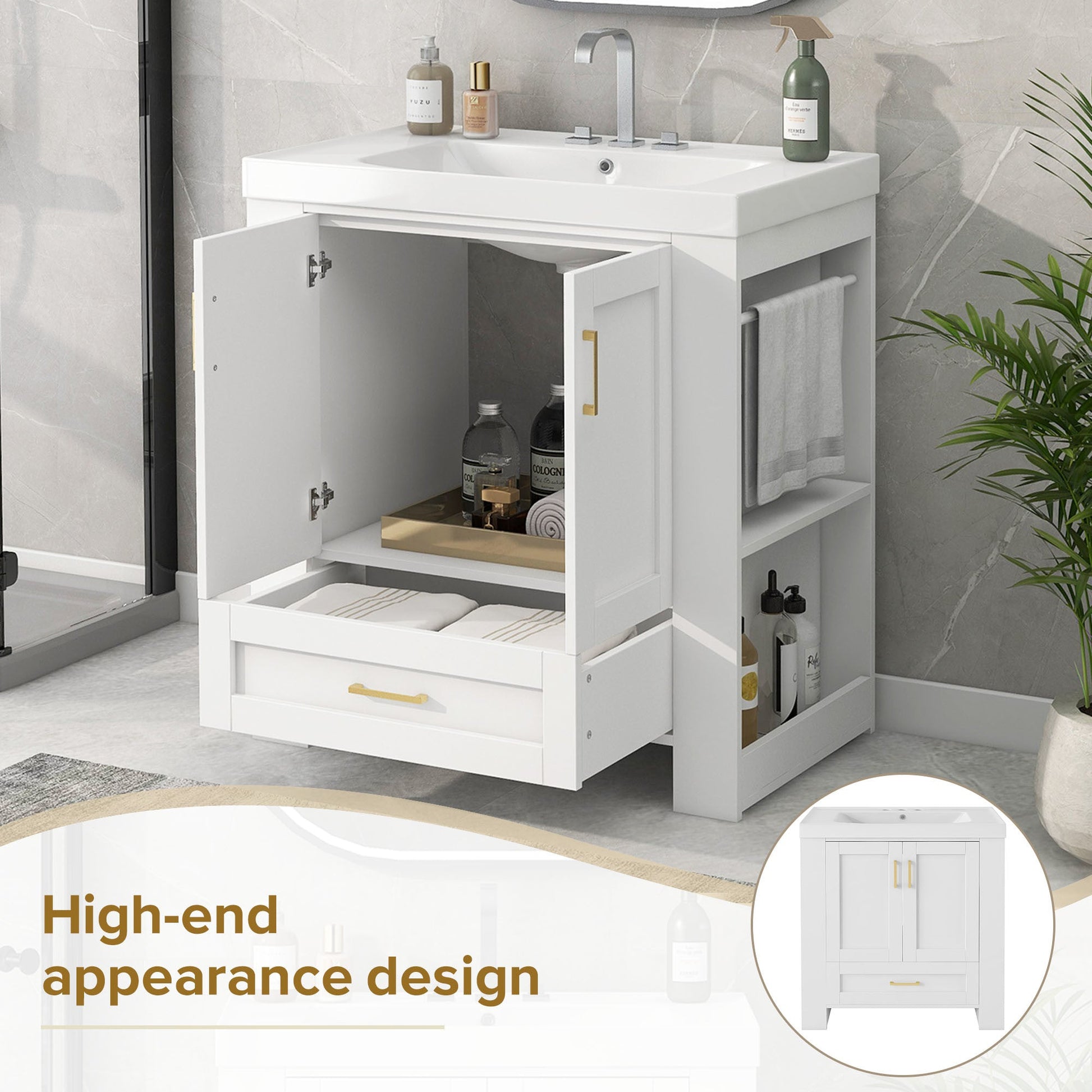 30'' Bathroom Vanity with Seperate Basin Sink, Modern Bathroom Storage Cabinet with Double-sided Storage Shelf, Freestanding Bathroom Vanity Cabinet with Single Sink - Divine Heart L.A.