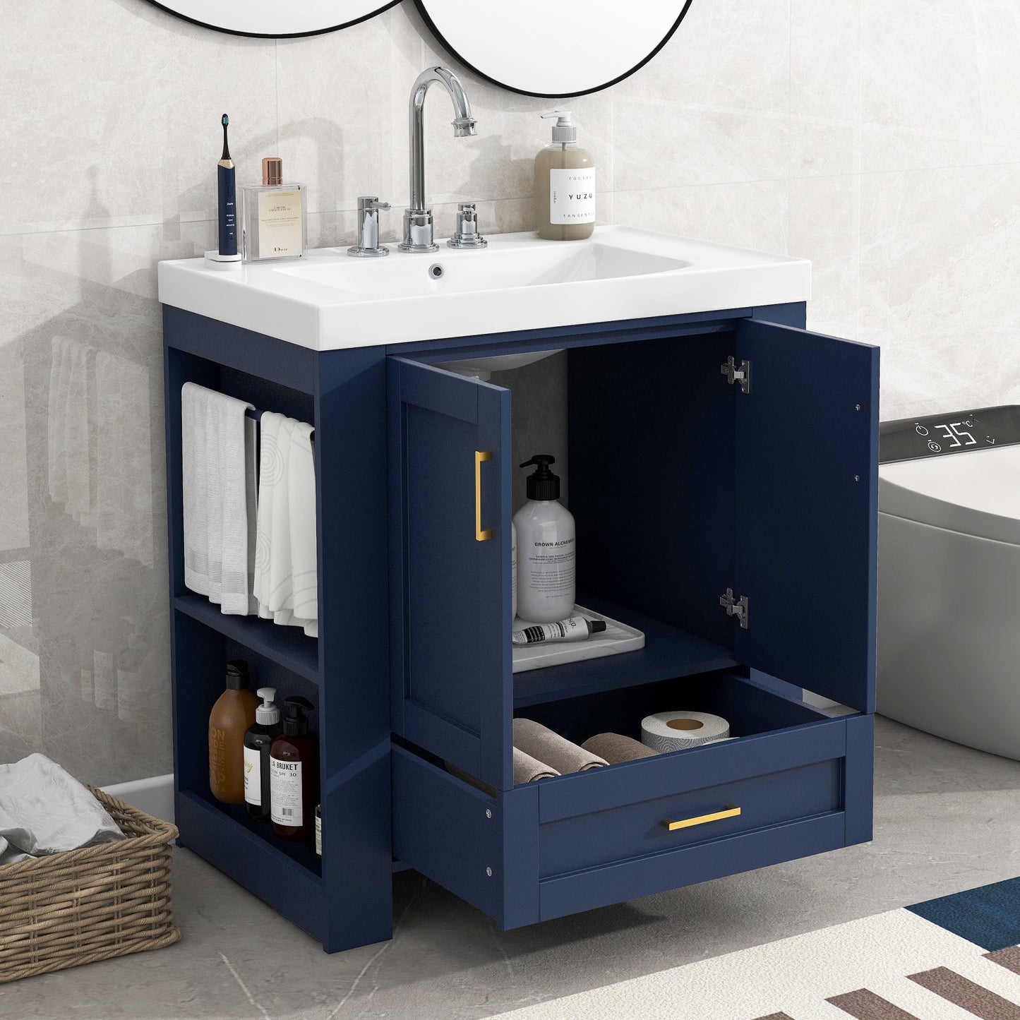 30'' Bathroom Vanity with Seperate Basin Sink, Modern Bathroom Storage Cabinet with Double-sided Storage Shelf, Freestanding Bathroom Vanity Cabinet with Single Sink - Divine Heart L.A.