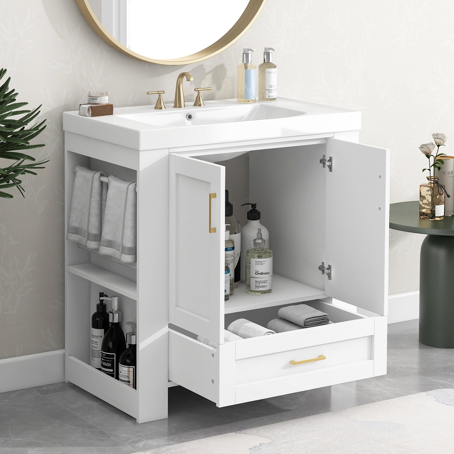 30'' Bathroom Vanity with Seperate Basin Sink, Modern Bathroom Storage Cabinet with Double-sided Storage Shelf, Freestanding Bathroom Vanity Cabinet with Single Sink - Divine Heart L.A.