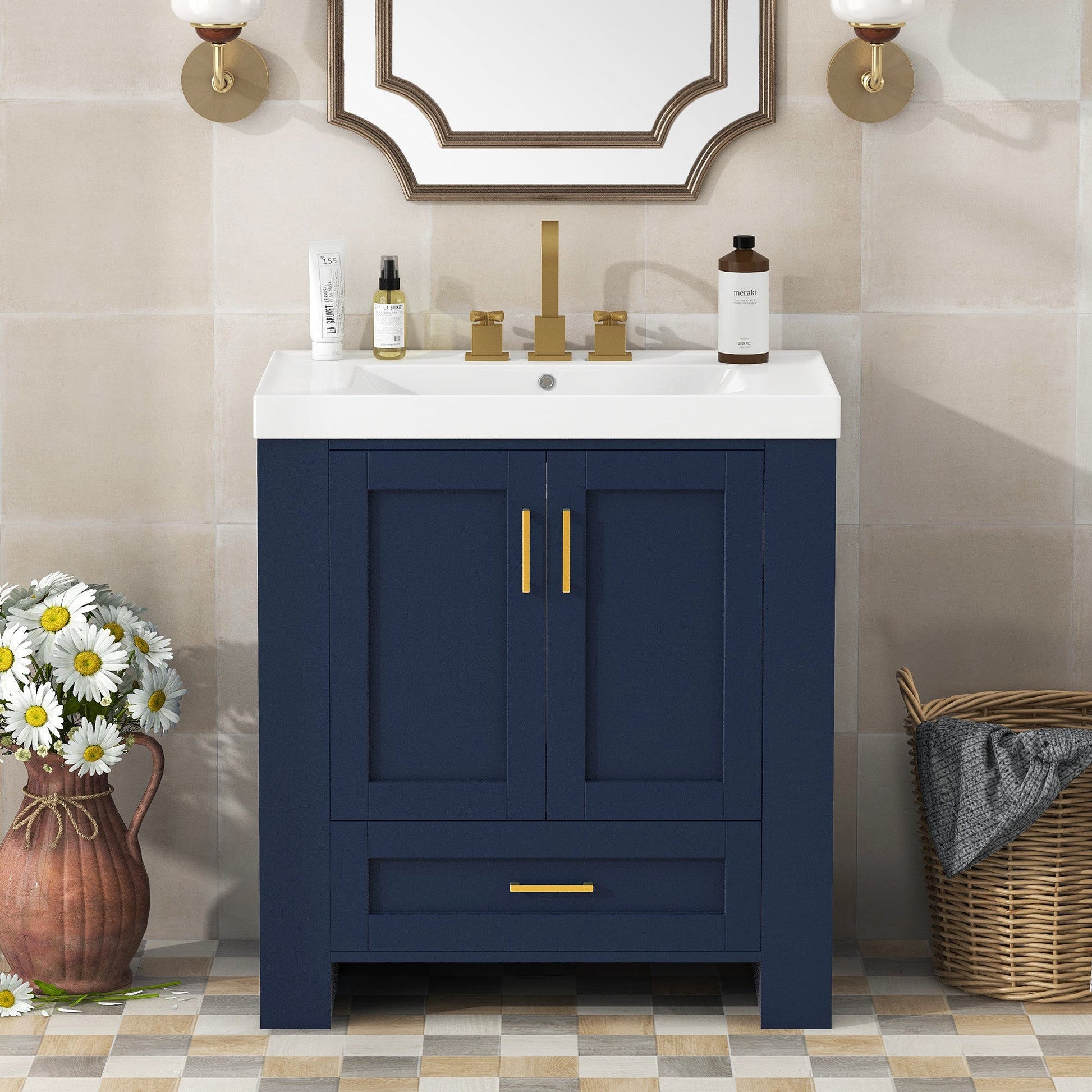 30'' Bathroom Vanity with Seperate Basin Sink, Modern Bathroom Storage Cabinet with Double-sided Storage Shelf, Freestanding Bathroom Vanity Cabinet with Single Sink - Divine Heart L.A.