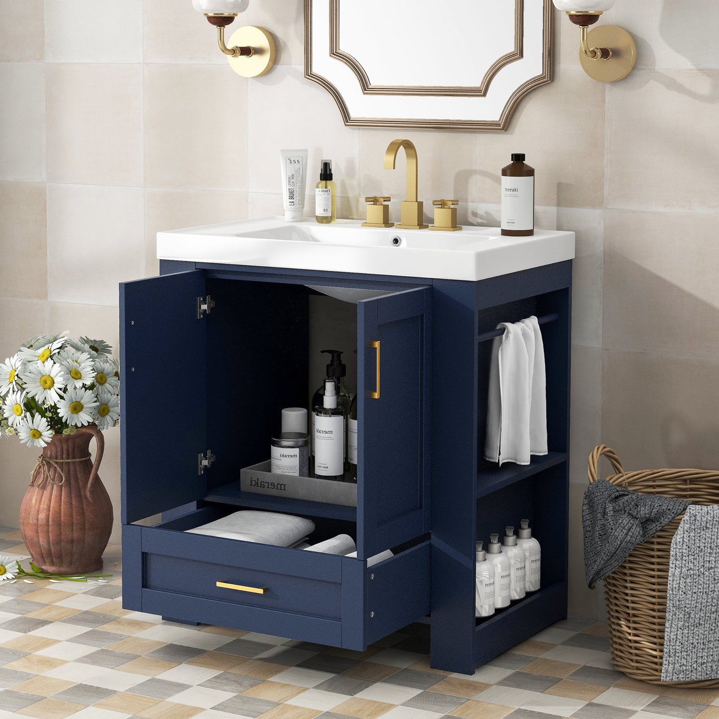 30'' Bathroom Vanity with Seperate Basin Sink, Modern Bathroom Storage Cabinet with Double-sided Storage Shelf, Freestanding Bathroom Vanity Cabinet with Single Sink - Divine Heart L.A.