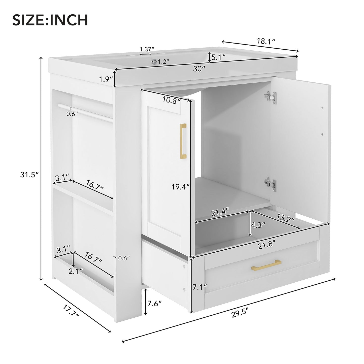 30'' Bathroom Vanity with Seperate Basin Sink, Modern Bathroom Storage Cabinet with Double-sided Storage Shelf, Freestanding Bathroom Vanity Cabinet with Single Sink - Divine Heart L.A.