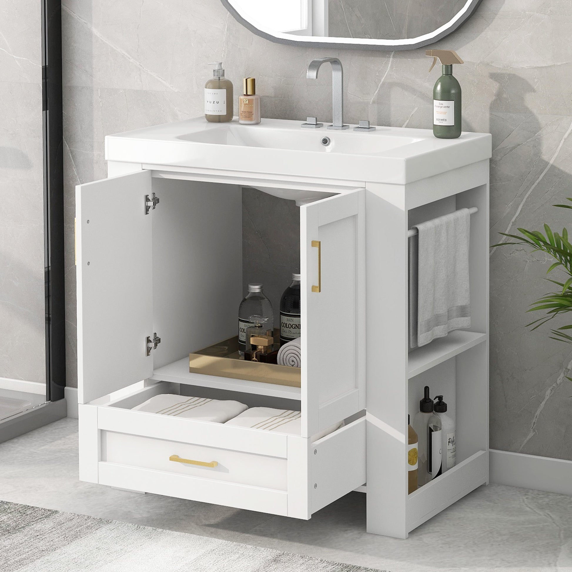 30'' Bathroom Vanity with Seperate Basin Sink, Modern Bathroom Storage Cabinet with Double-sided Storage Shelf, Freestanding Bathroom Vanity Cabinet with Single Sink - Divine Heart L.A.