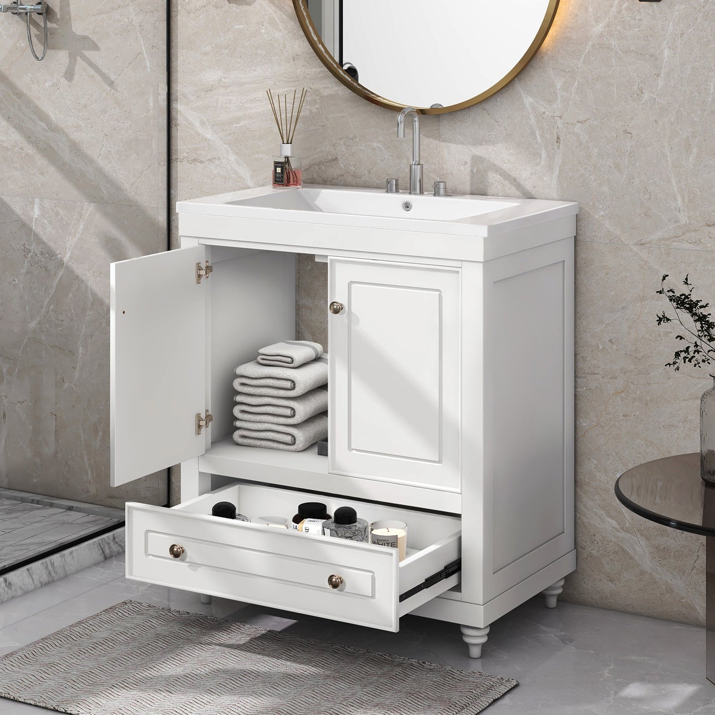 30" Bathroom Vanity with Sink; Combo; Cabinet with Doors and Drawer; Solid Frame and MDF Board; White - Divine Heart L.A.