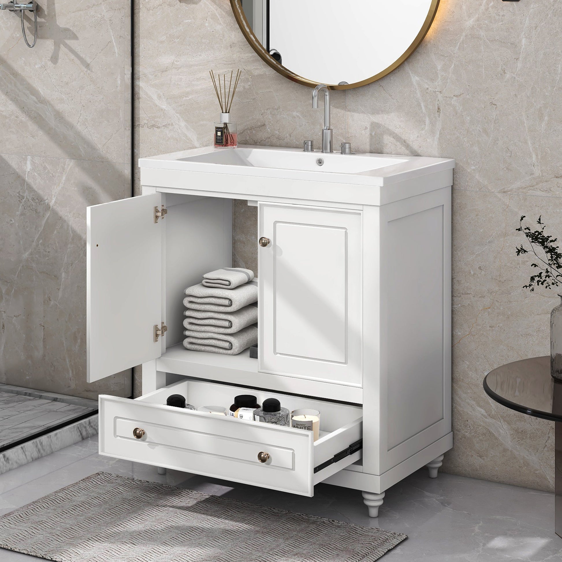 30" Bathroom Vanity with Sink; Combo; Cabinet with Doors and Drawer; Solid Frame and MDF Board; White - Divine Heart L.A.