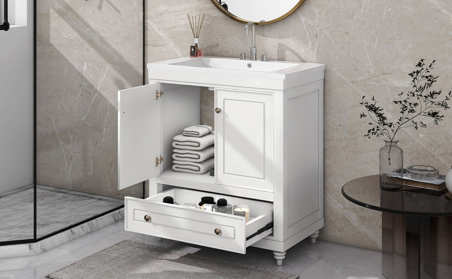 30" Bathroom Vanity with Sink; Combo; Cabinet with Doors and Drawer; Solid Frame and MDF Board; White - Divine Heart L.A.