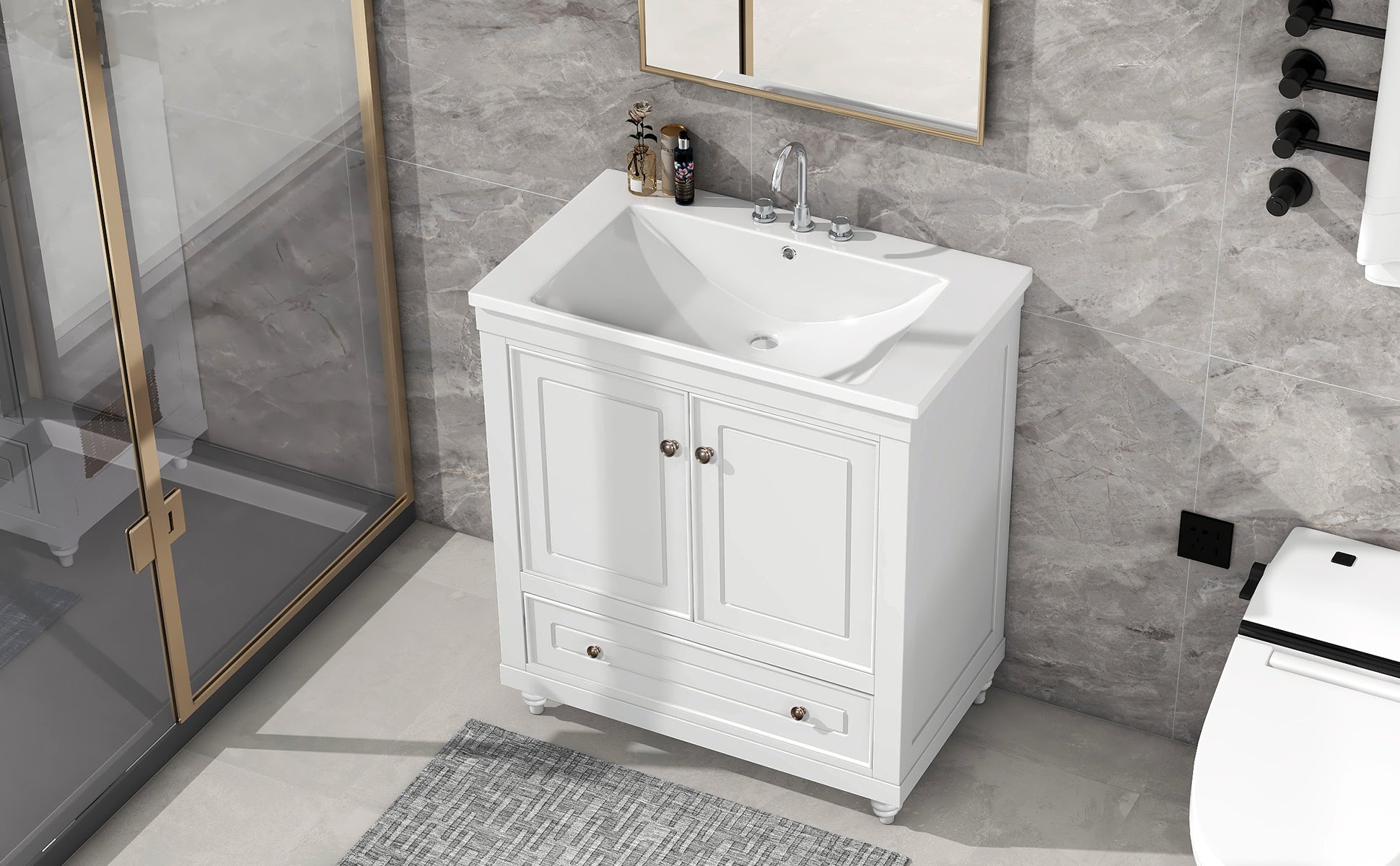 30" Bathroom Vanity with Sink; Combo; Cabinet with Doors and Drawer; Solid Frame and MDF Board; White - Divine Heart L.A.