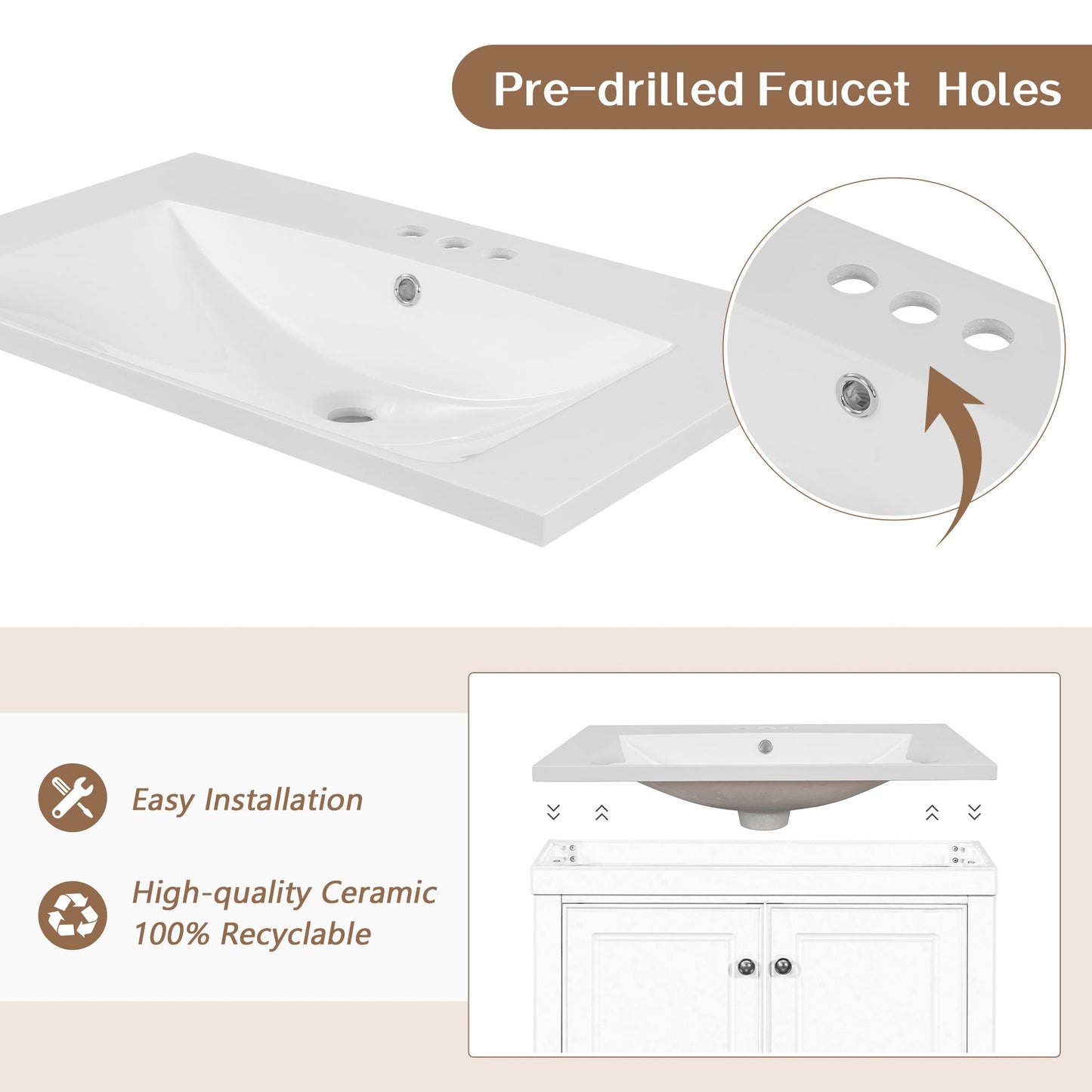 30" Bathroom Vanity with Sink; Combo; Cabinet with Doors and Drawer; Solid Frame and MDF Board; White - Divine Heart L.A.