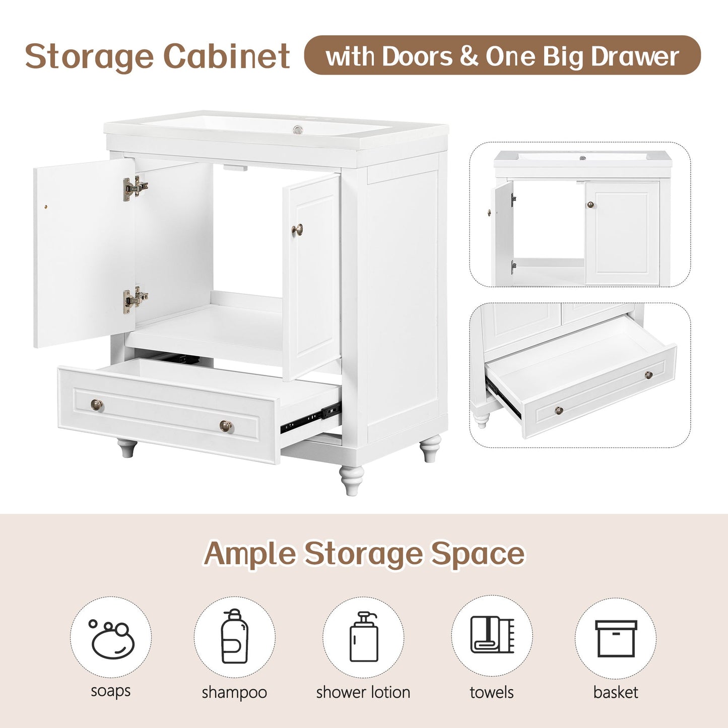 30" Bathroom Vanity with Sink; Combo; Cabinet with Doors and Drawer; Solid Frame and MDF Board; White - Divine Heart L.A.