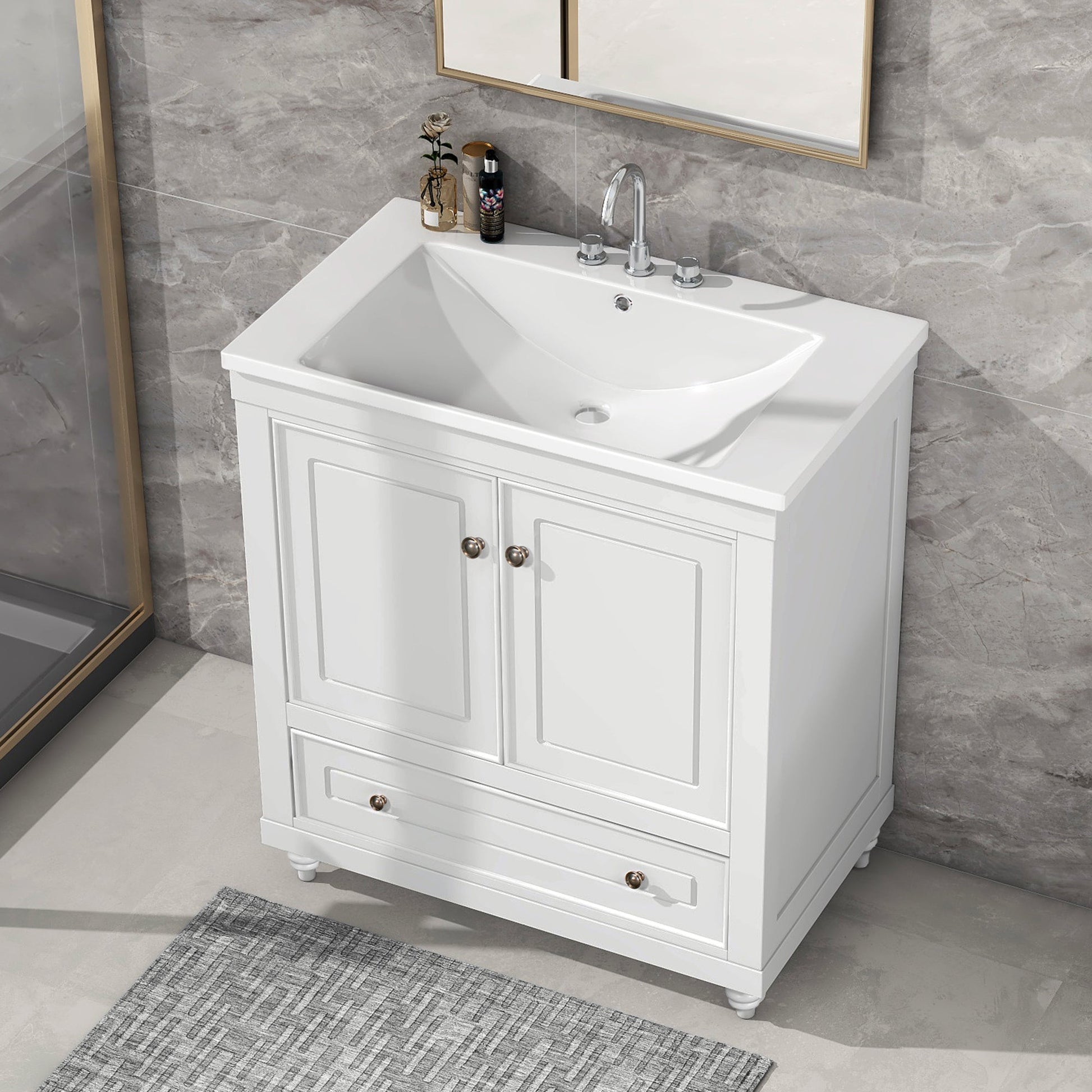 30" Bathroom Vanity with Sink; Combo; Cabinet with Doors and Drawer; Solid Frame and MDF Board; White - Divine Heart L.A.