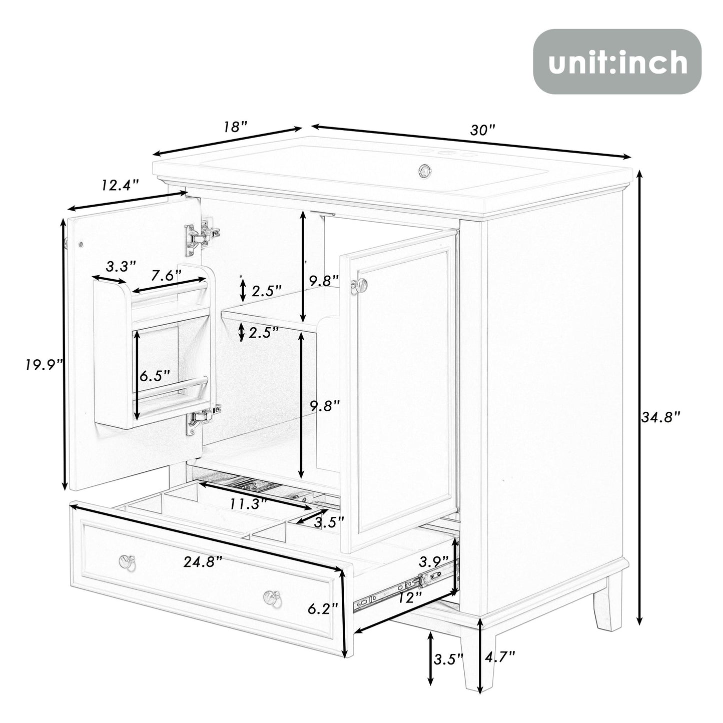 30\\\" Bathroom Vanity with Sink Combo, Multi-functional Bathroom Cabinet with Doors and Drawer, Solid Frame and MDF Board - Divine Heart L.A.