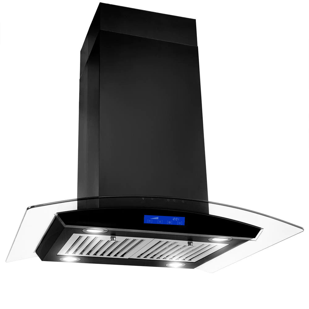 30 inch Stainless Steel Kitchen Island Range Hood 900CFM Tempered Glass 3 Speed Black LEDs - Divine Heart L.A.