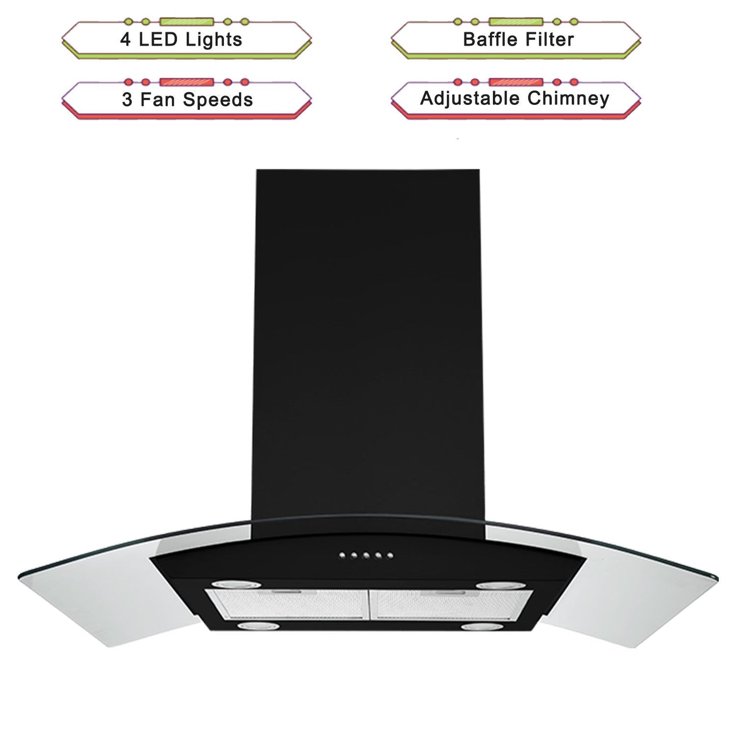 30 inch Stainless Steel Kitchen Island Range Hood 900CFM Tempered Glass 3 Speed Black LEDs - Divine Heart L.A.