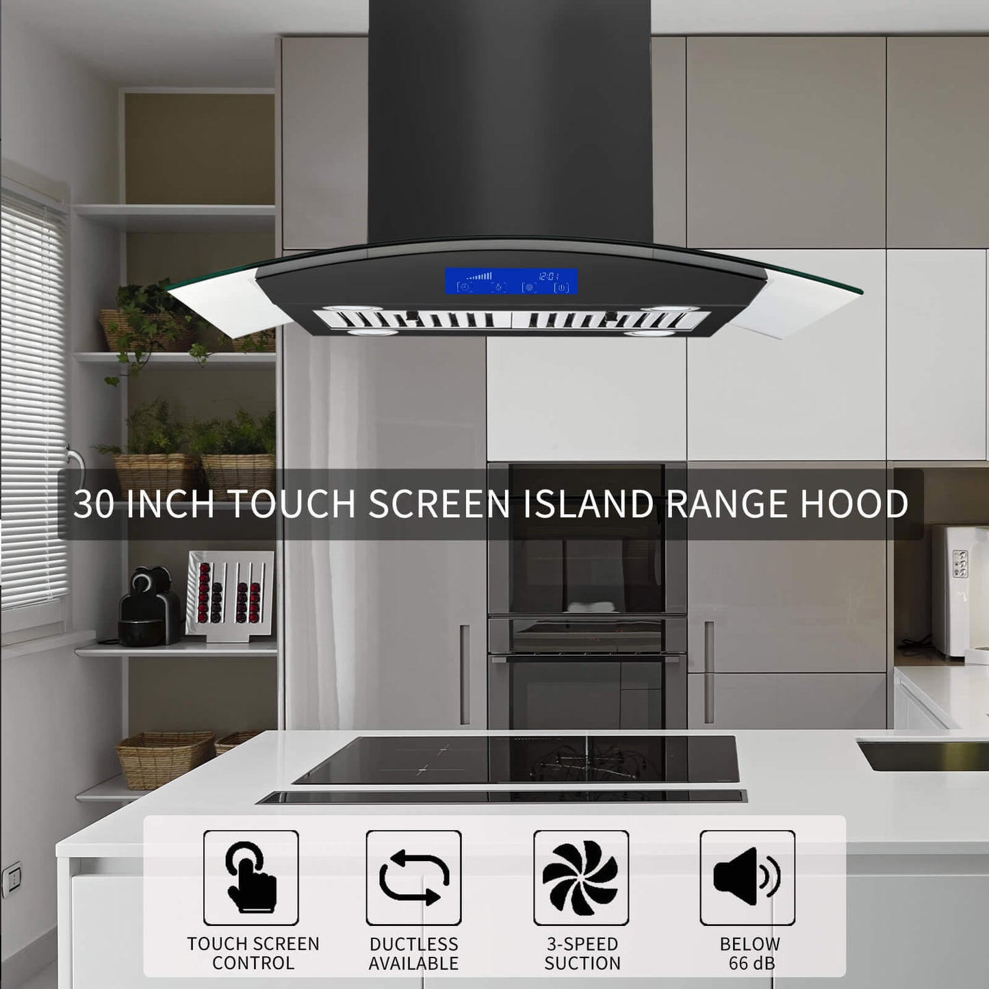 30 inch Stainless Steel Kitchen Island Range Hood 900CFM Tempered Glass 3 Speed Black LEDs - Divine Heart L.A.