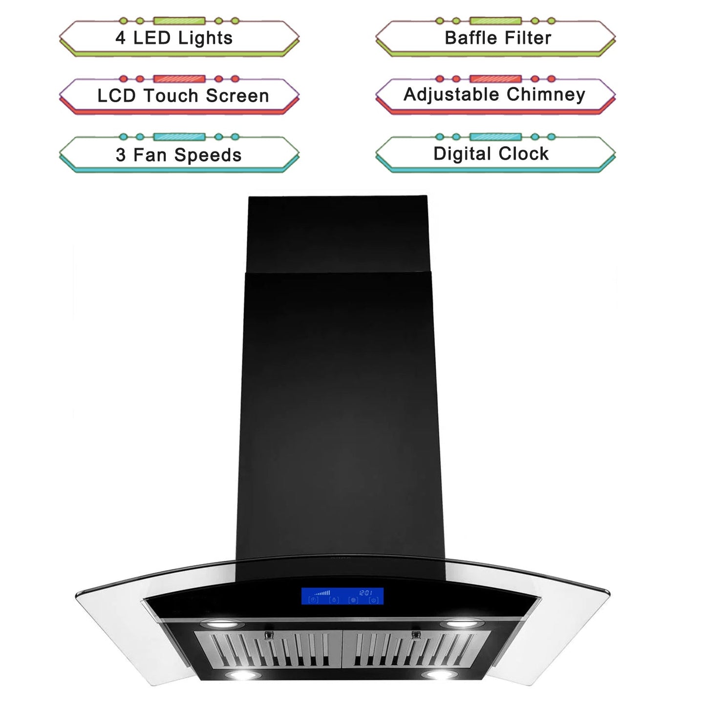 30 inch Stainless Steel Kitchen Island Range Hood 900CFM Tempered Glass 3 Speed Black LEDs - Divine Heart L.A.